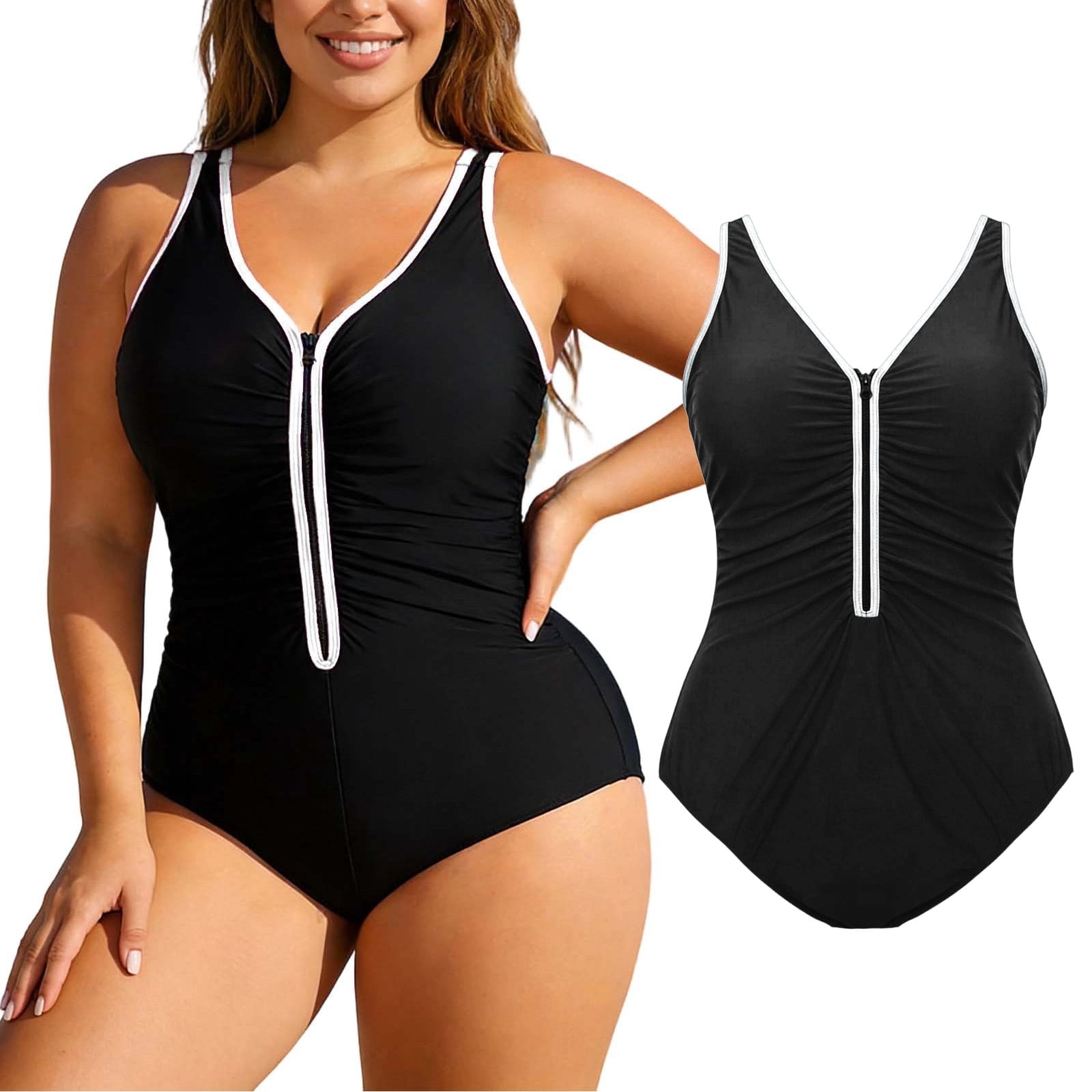 Women’s One Piece Swimsuit Plus Size Swimsuit for Women Tummy Control Front Zipper Swimwear for Summer