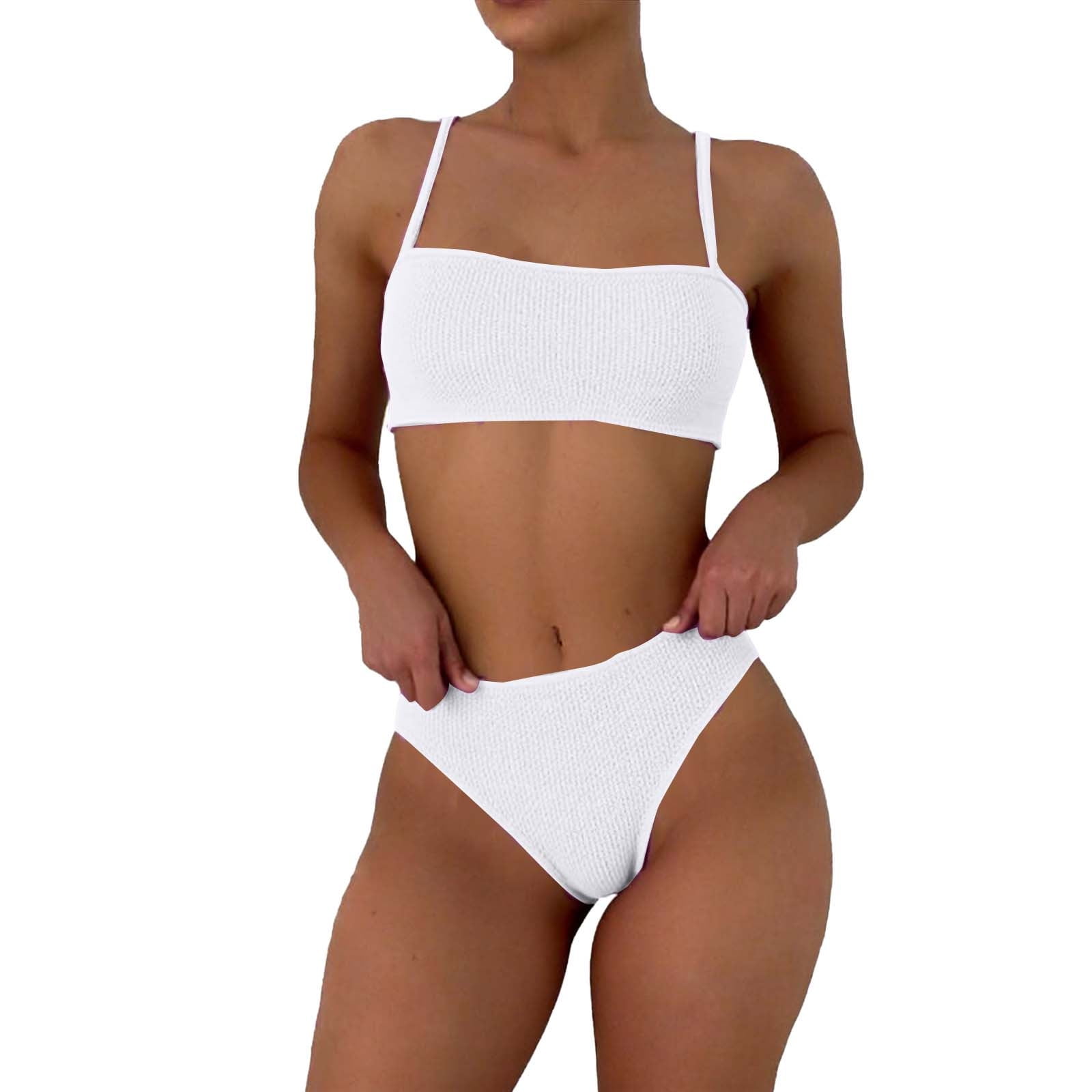 HAPIMO Women’s Ribbed Bandeau Bikini Set Two Piece Bathing Suits Spaghetti Straps Top with Bottoms Summer Casual Beach Vacation Swimwear White S