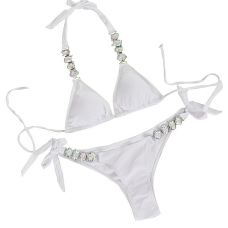UTSJKR Women’s Halter Bikini Swimsuit Two Piece Rhinestone Bikini Set Bikini Bathing Suit Crystal Side Bottom Triangle Bikini Halter Swimsuits White 4-6