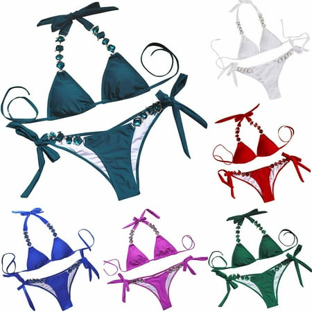 UTSJKR Women’s Halter Bikini Swimsuit Two Piece Rhinestone Bikini Set Bikini Bathing Suit Crystal Side Bottom Triangle Bikini Halter Swimsuits Mint Green 8-10