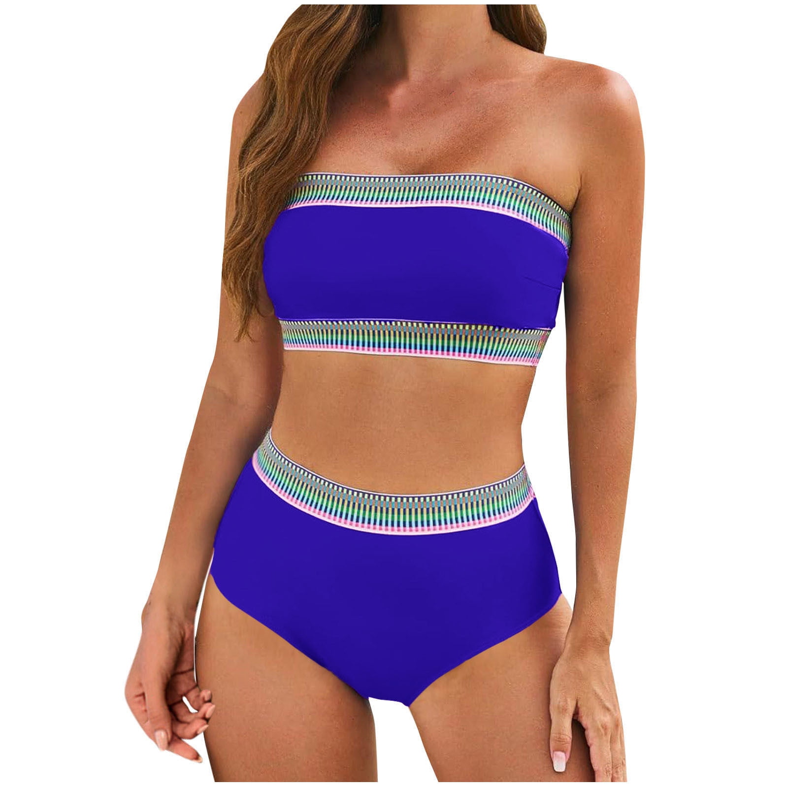 Efsteb Bikini Sets for Women 2 Pieces High Waisted Bathing Suit Bandeau Bikinis Tops Shorts Color Block Swimming Suit Swimwear (Blue,L)