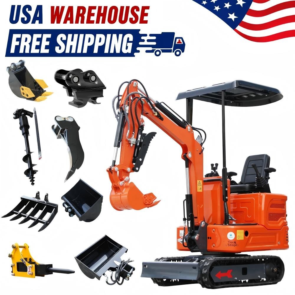 New 1 Ton Mini Excavator 13.5HP B&S Hydraulic Thumb +8 Attachments Free shipping