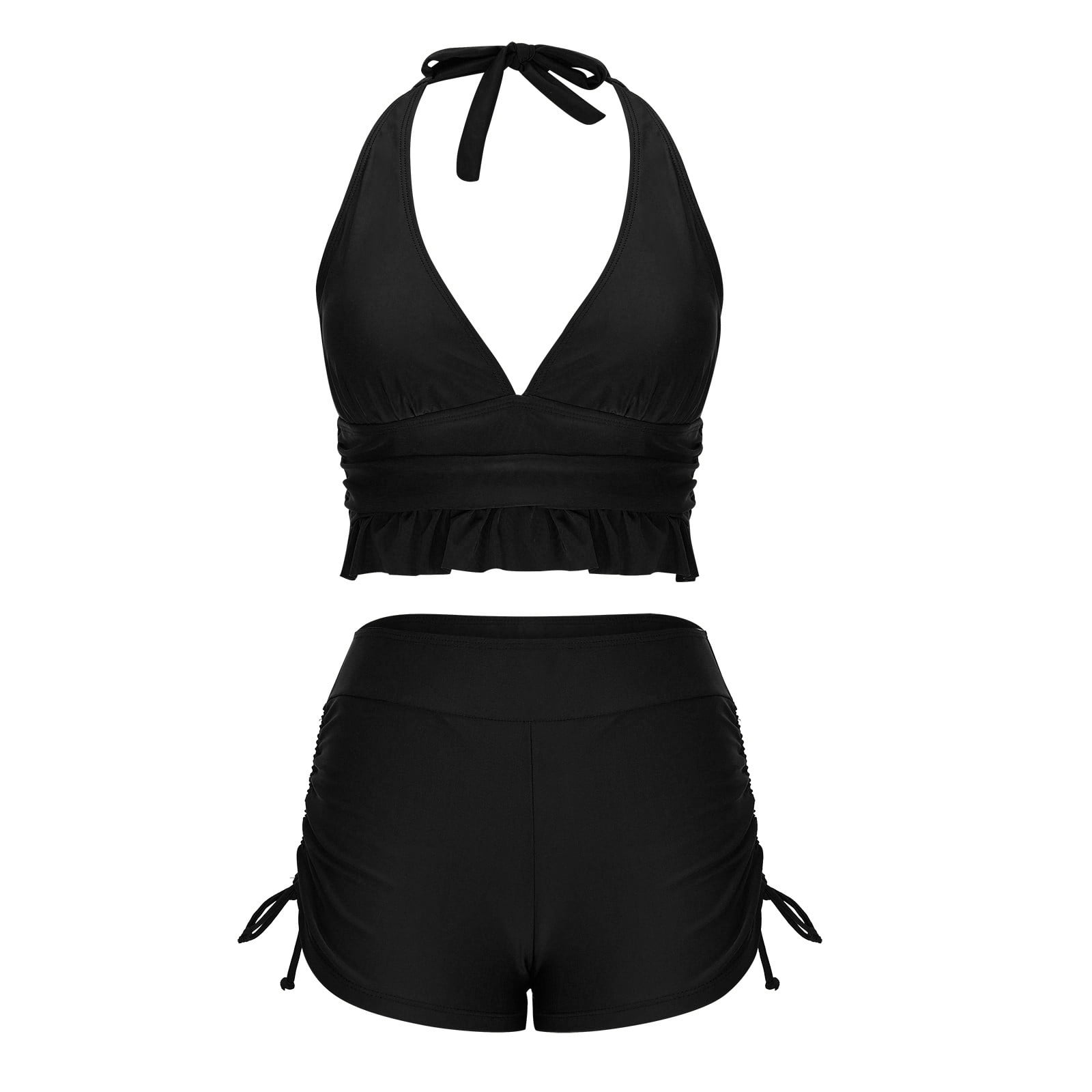 Ayolanni Solid Tankinis Swimwear for Women Tie High Waisted Two Piece Swimwear Push-Up Summer Ruffled Halter Bathing Suit Swim Top with Shorts Black L