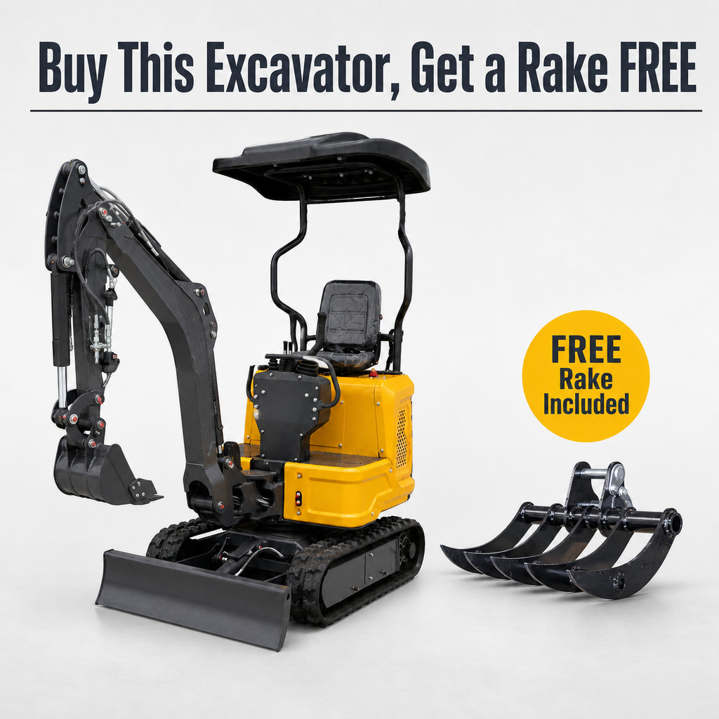 1.2 Ton 7.6KW Diesel Mini Excavator with 400mm Bucket + Free 450mm Rake
