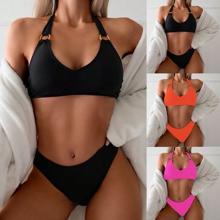 UTSJKR Women Sexy Bikini Set Push-Up Padded Swimwear Swimsuit Bathing Bandage Beachwear Sexy Backless Strap Bikini Swimsuit Hot Pink L