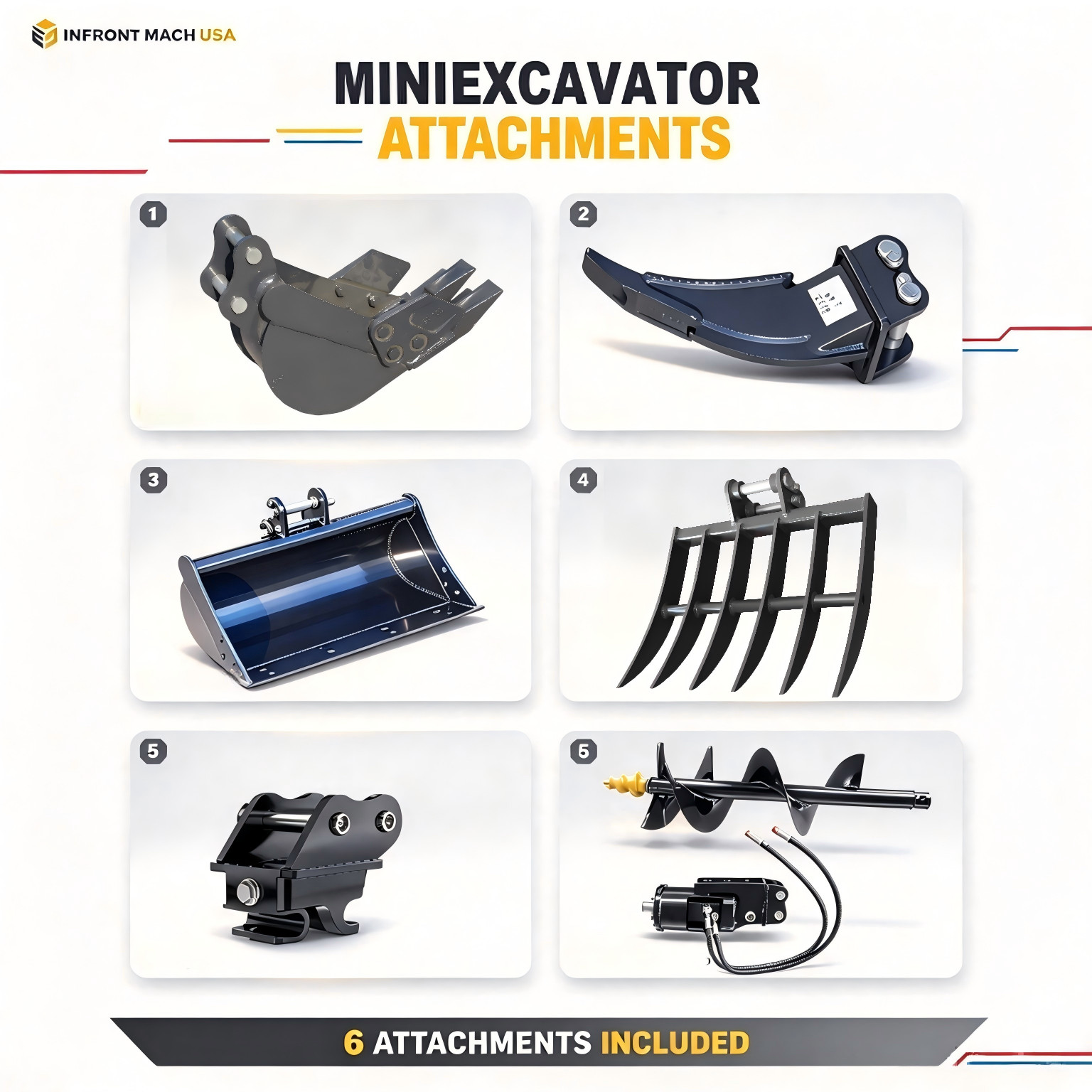 NEW 6-Piece Mini Excavator Kit Buckets Auger Rake Ripper Quick Hitch Mud Bucket