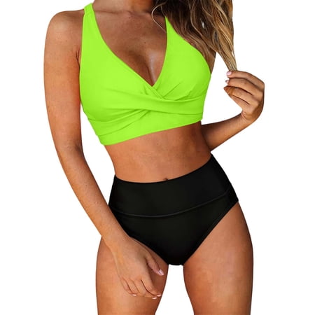 Ahdbta High Waisted Bikini Sets for Women 2 Piece Swimstui V Neck Crisscross Tie Back Top with Bottom Tummy Control Bathing Suits