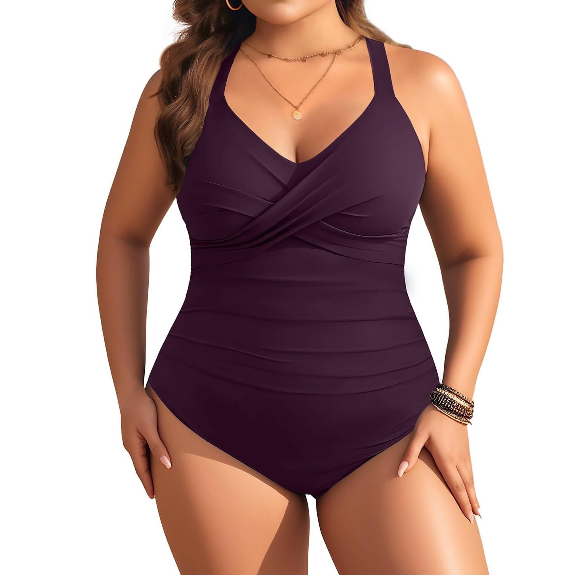 Plus Size One Piece Swimsuit – Women’s Tummy Control Bathing Suit Retro Full Coverage Swimwear 2025, Purple, 20 Plus