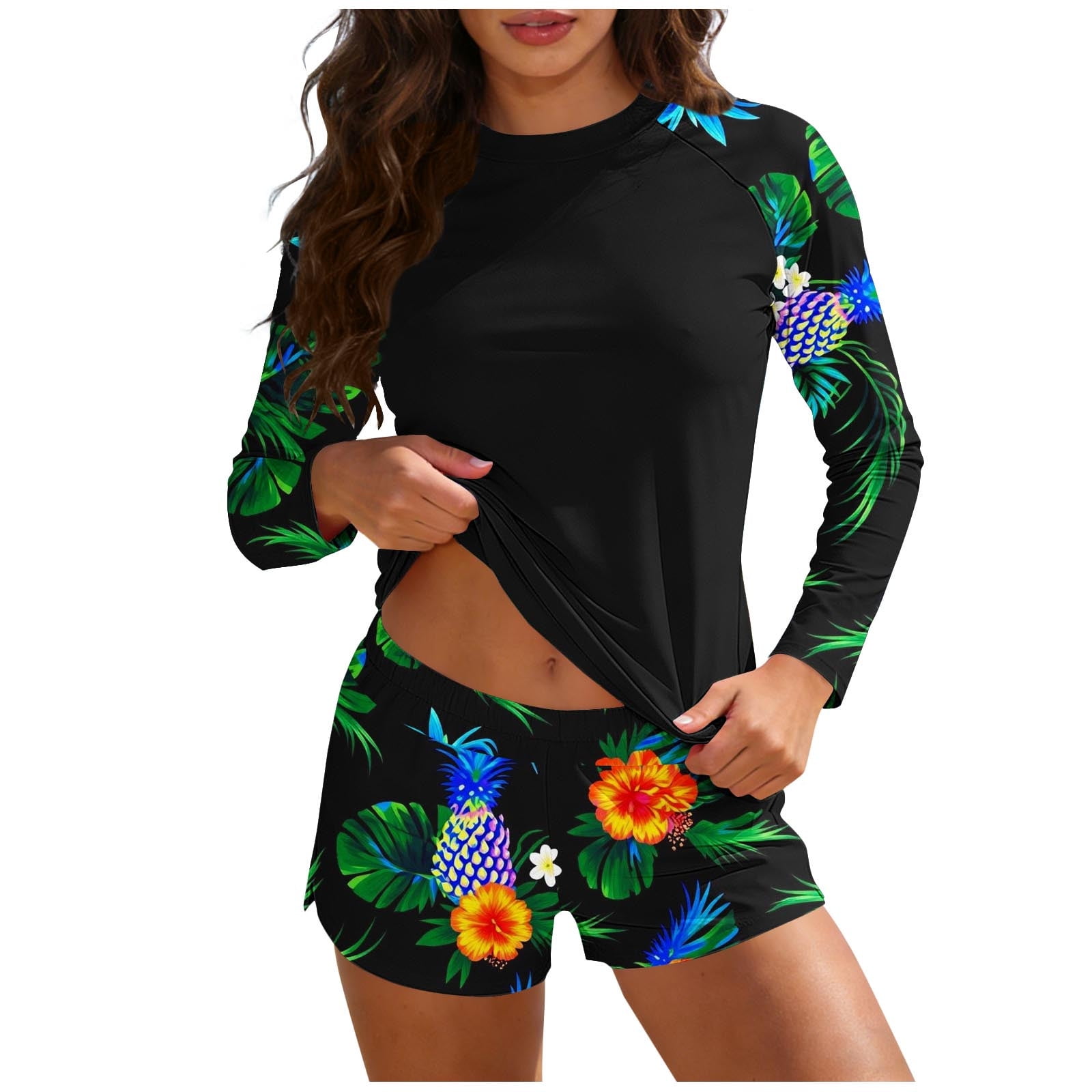 Oplxuo Women Two Piece Rash Guard Long Sleeve Swimsuits UV UPF 50+ Swim Shirt Bathing Suit with Boyshort Bottom