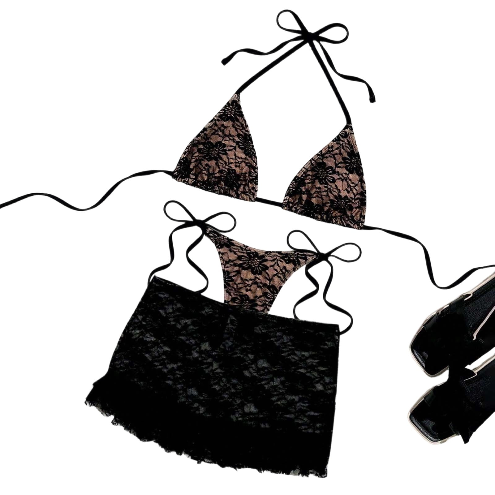 UTSJKR Women’s Hot Sale 3 Piece Bikini Set, Adjustable Lace Up Bathing Suit, Summer Resort Pool Beach Swimwear Black XL