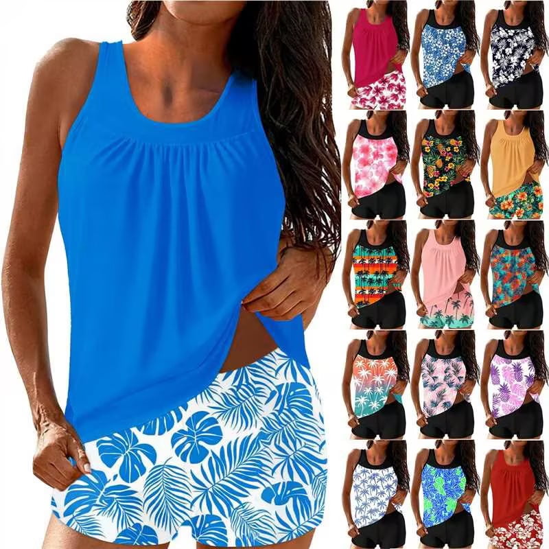 VBVC Women’s 2 Piece Tropical Tankini Set , Bathing Suit Top and Short For Women , Ladies’ Pockets Beach Swimwear with Built-In Bra Pads,Navy,S-2XL