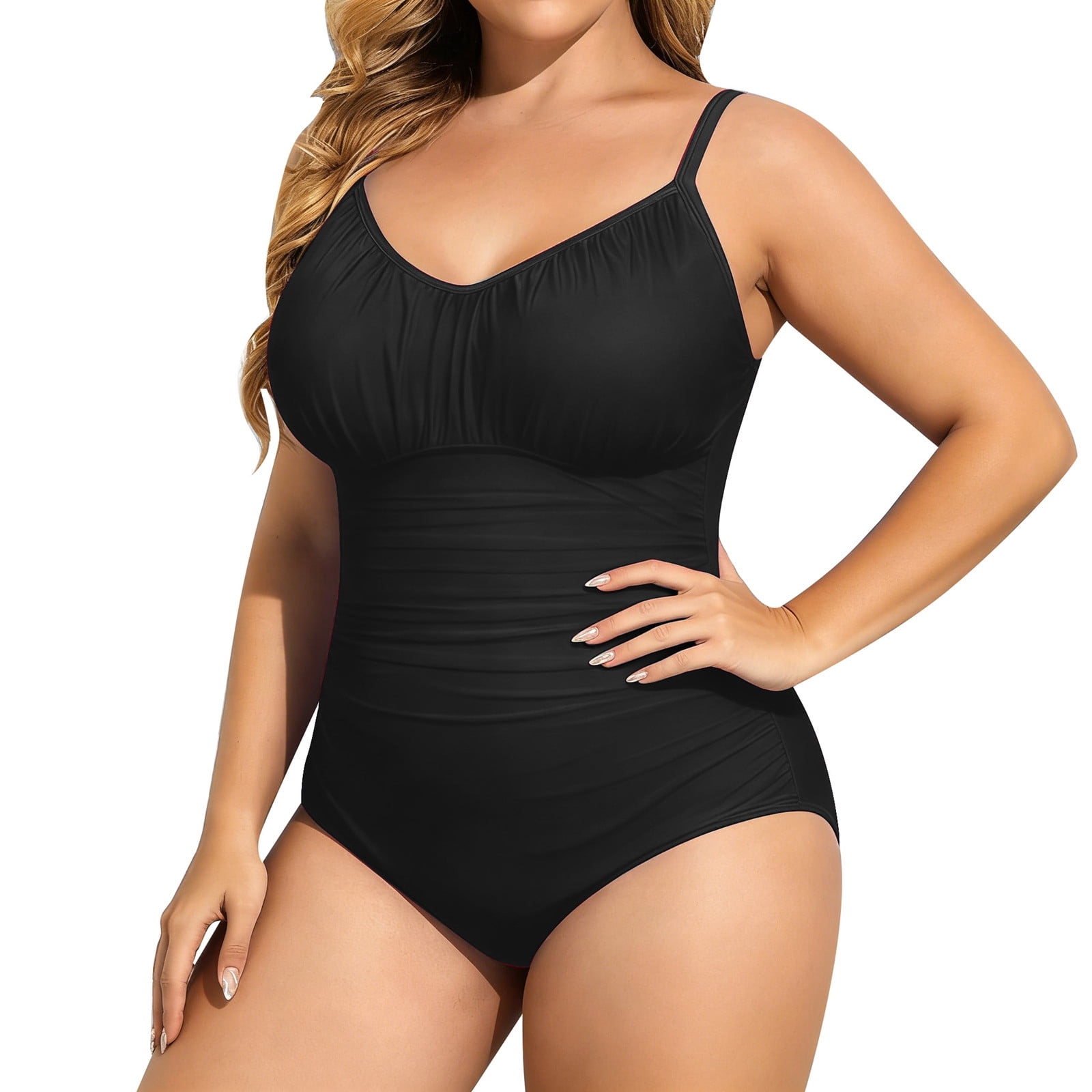WEIGFI Women’s Plus Size Swimsuit One-Piece Plus Size Spaghetti Strap Deep V-Neck Solid Color Padded Bathing Suit Tummy Control Comfort Vacation Swimwear,Black,4XL