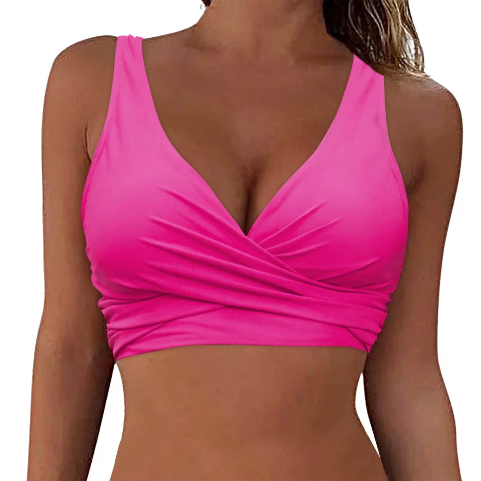 Ayolanni Pink Women’s Swimsuits Deep V-Neck Cheeky Separates Wetsuit Solid Bikini Tops Girls Swimsuit XL
