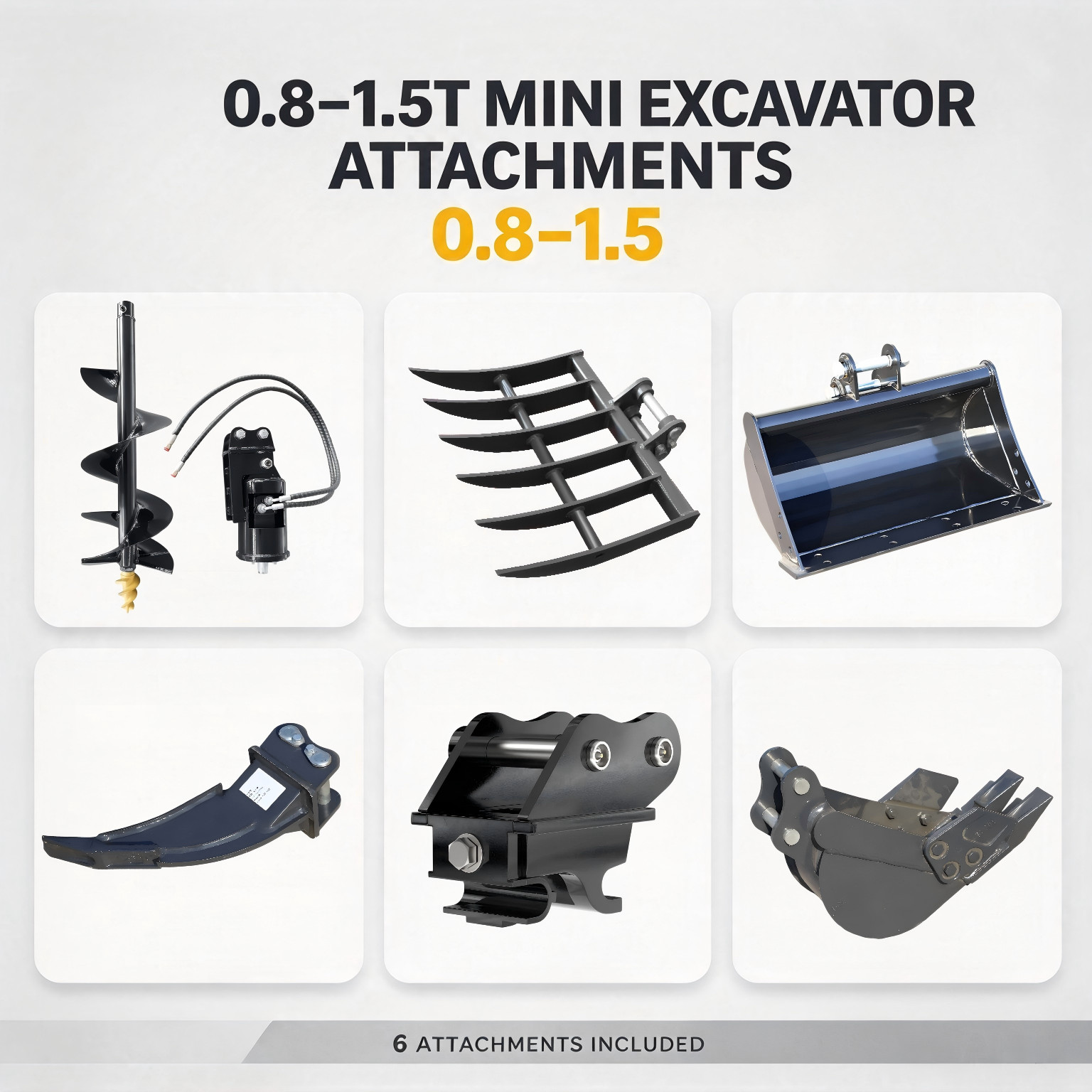 6-Piece Mini Excavator Kit Buckets Auger Rake Ripper Quick Hitch Mud Bucket NEW