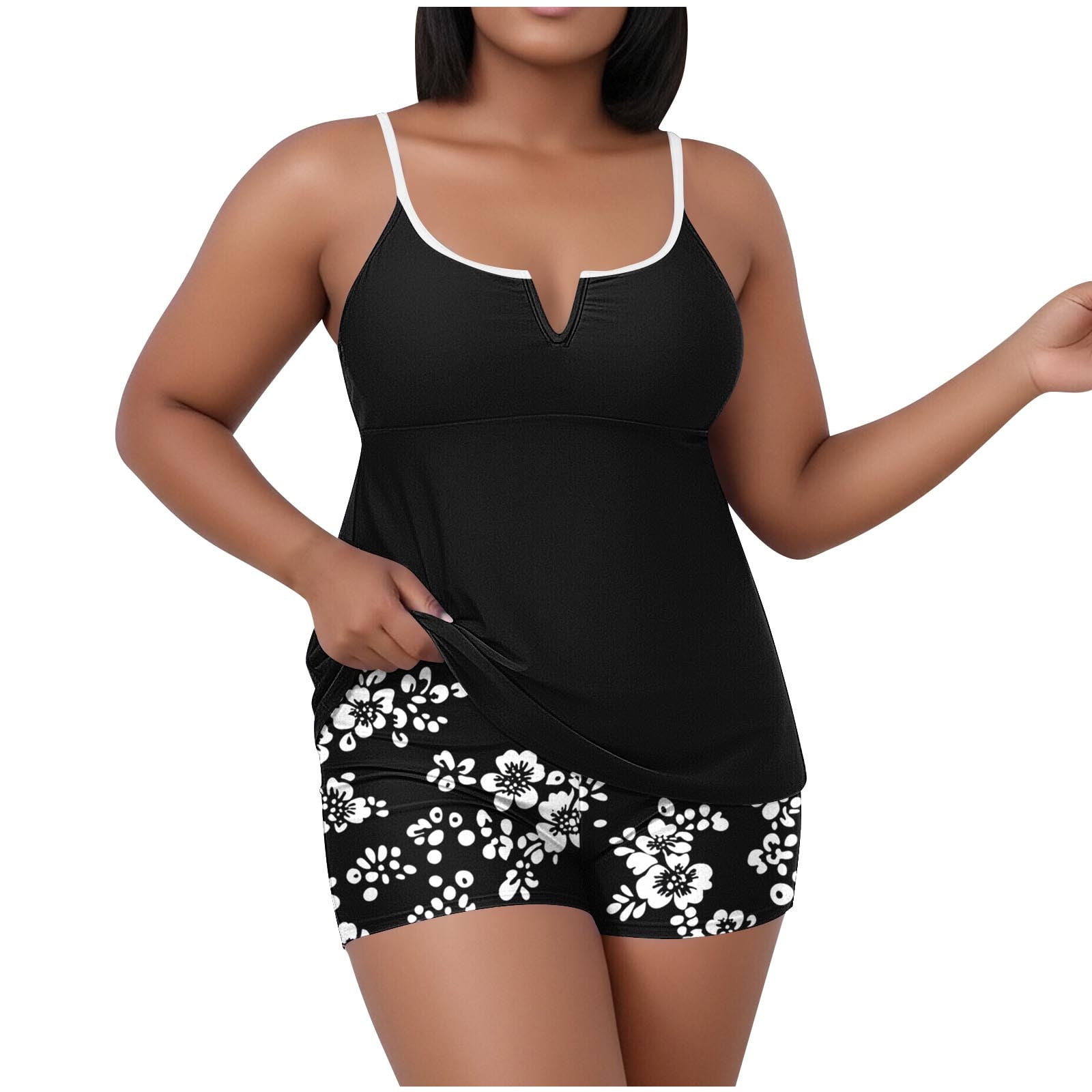 cocolona Plus Size Tankini Swimsuits for Women Fashion V Neck Loose Fit Two Piece Modest Bathing Suits with Shorts