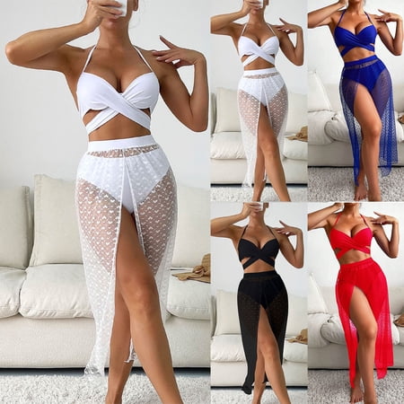 QLEICOM Womens Swimsuits,Bathing Suit for Women,3 Piece High Waist Swimsuit Set Sheer Skirt Halter Neck Push Up with Pads