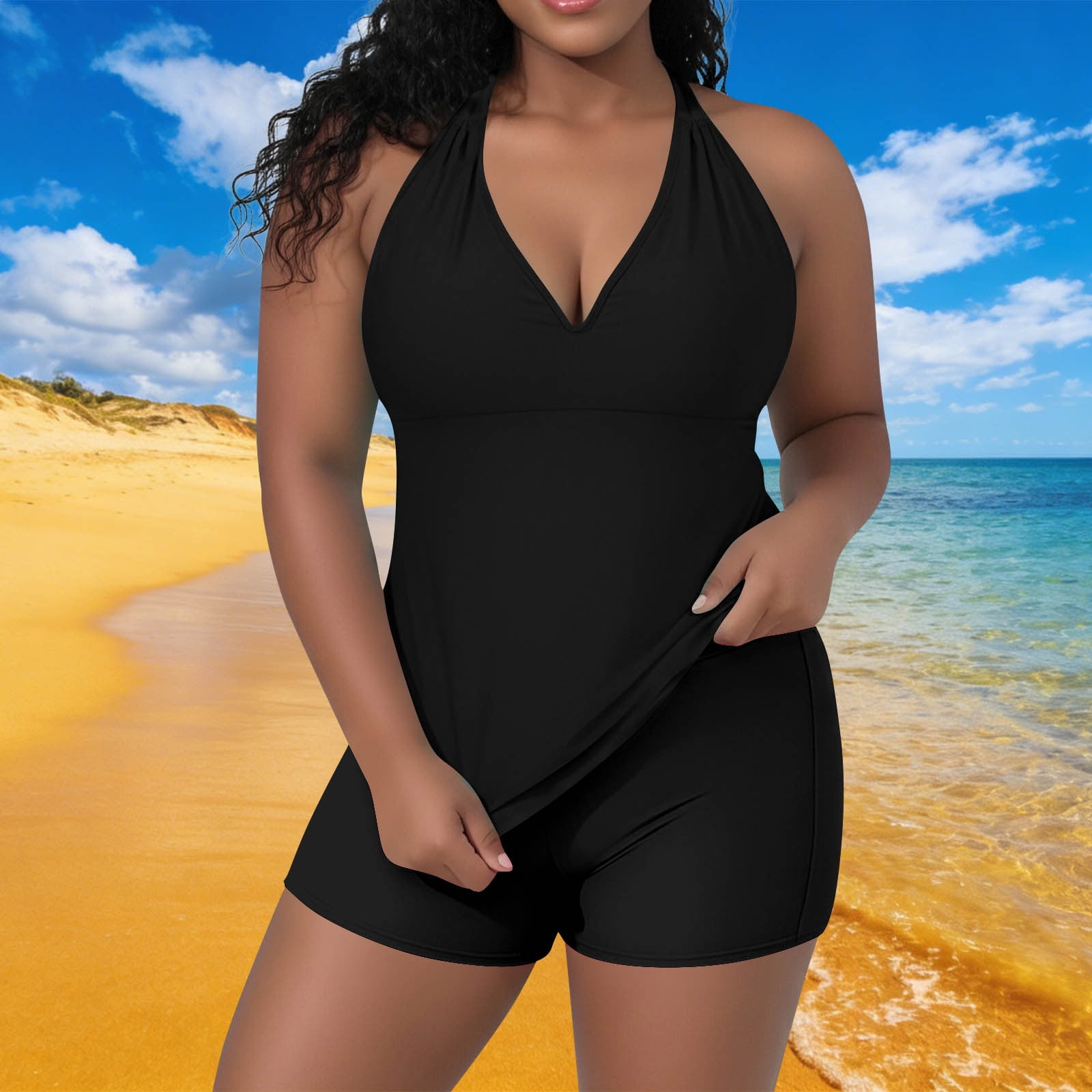 Aobny Swimwear Over 50 Modest Womens Bathing Suits Halter Tankinis Halter Boy Shorts Black Swimsuit for Women,XXL