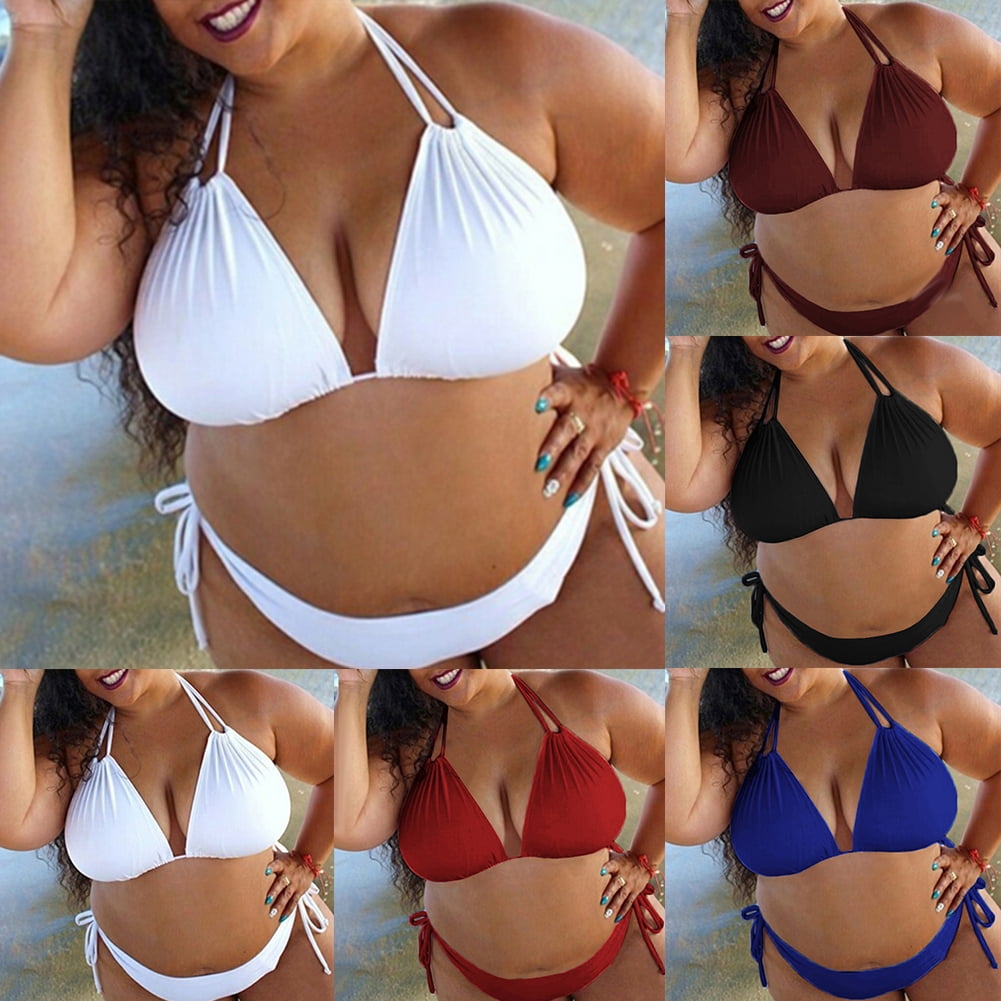 AYYUFE Women Plus Size Two-piece Swimsuit Solid Color Summer Halter Bandage Bikini Set