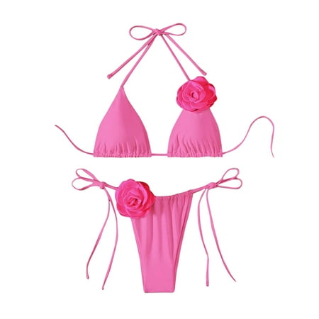 UTSJKR Women’s 2 Piece 3D Floral Appliques Swimsuits Halter String Triangle Bikini Set Beach Bathing Suit Pink XL
