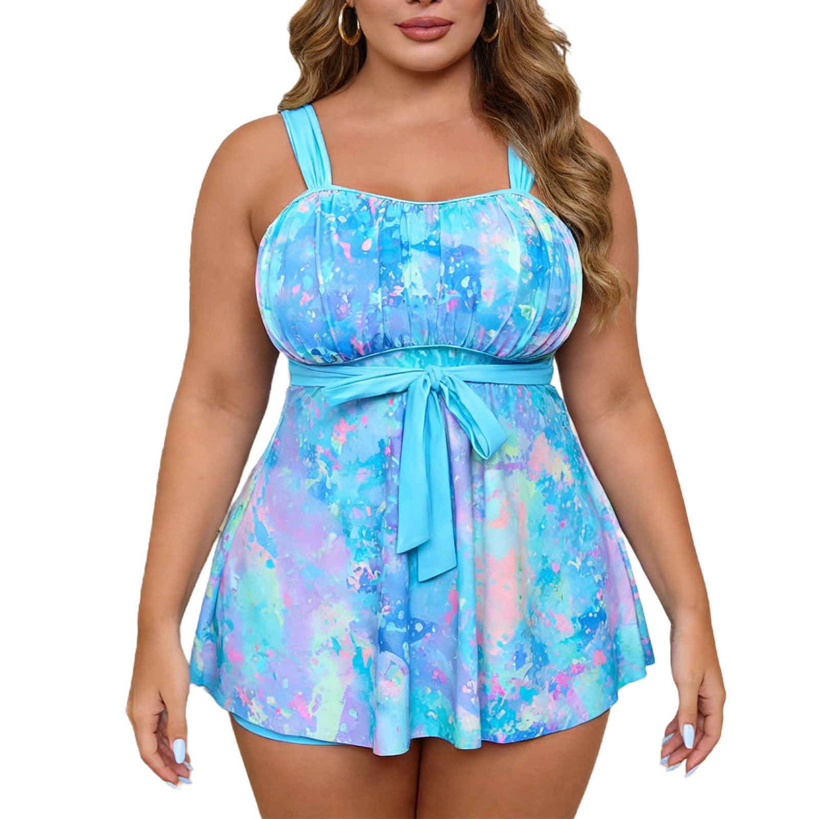 QSAWXQZ Women’s Plus Tankini Swimsuit 2 Piece Bathing Suit Built in Padded Tie Front Square Neck Sleeveless Ruffle Tiered Top Boyleg Bottoms Tummy Control Swimsuit Light Blue XL
