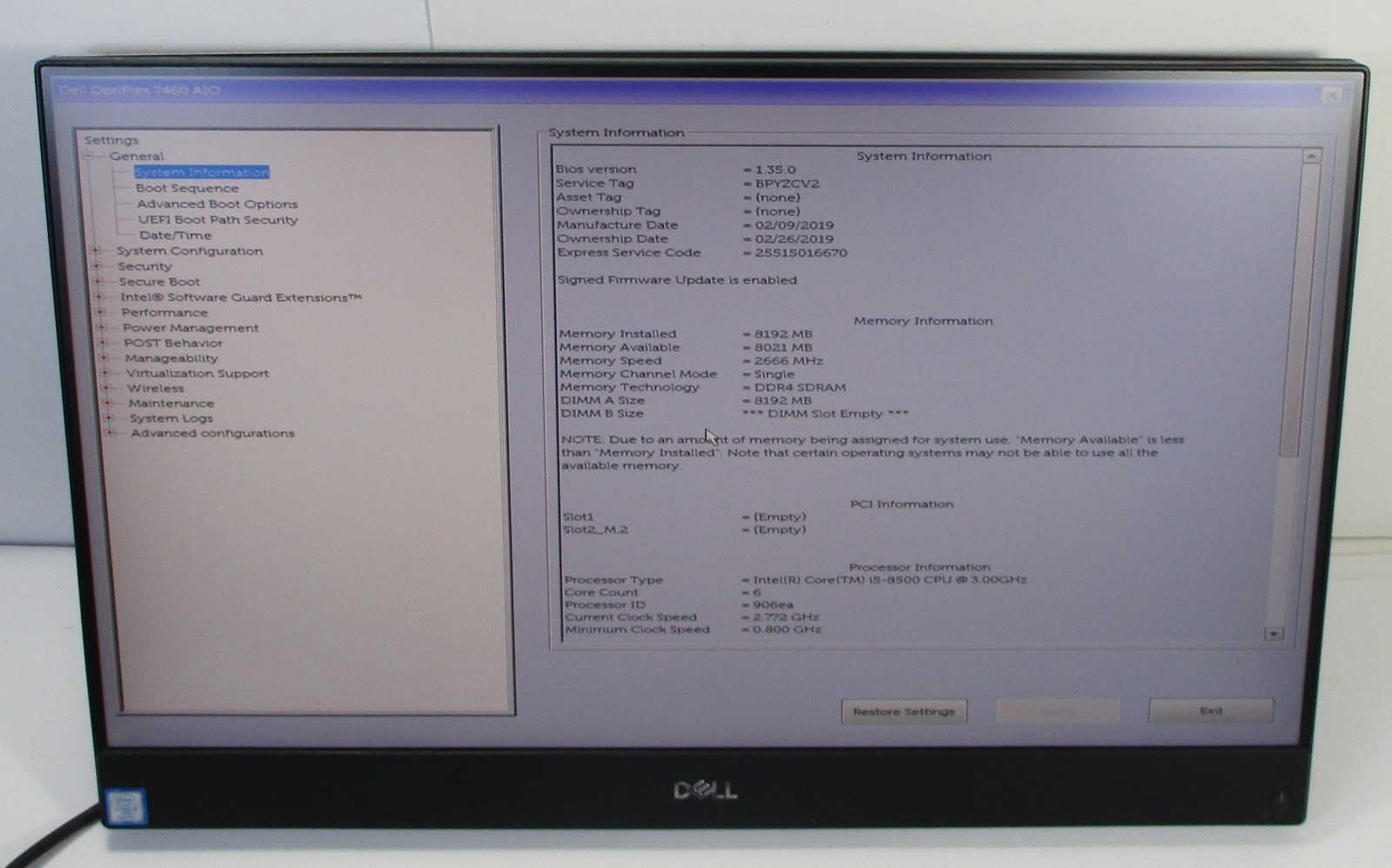 Dell Optiplex 7460 AIO Intel i5-8500 CPU, 8GB Ram, No SSD/Stand