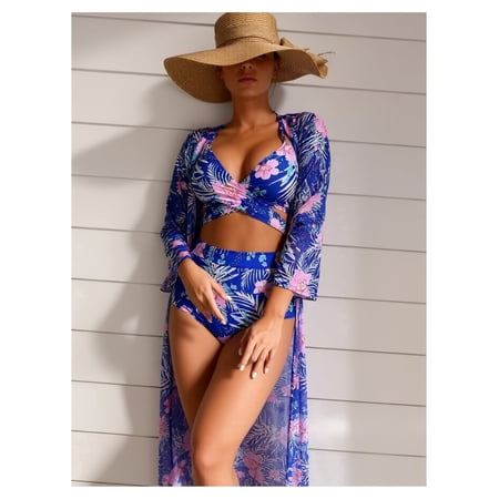 Royal Blue and Pink Tropical Floral Print High Waisted Bikini Set with Tummy Control, Women’s 3 Piece Swim Set with Matching Long Sleeve Cover Up Kimono
