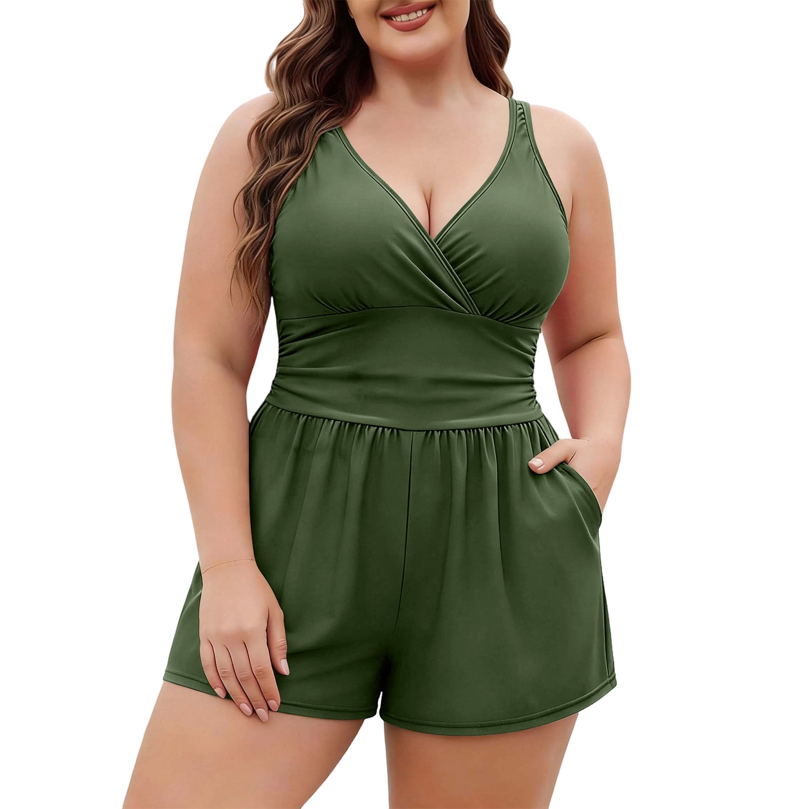 UTSJKR Plus Size Women’s V-Neck Wrap One-Piece Swimsuit, Tummy Control Romper Style Bathing Suit with Side Pockets for Curvy Army Green L