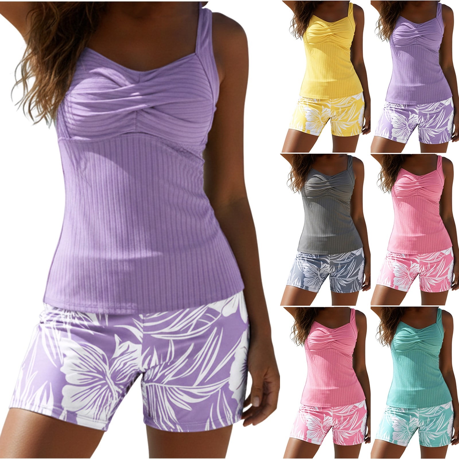 VBVC Women’s Plus 2 Piece Floral Tankini Swimsuit,Ladies Adjustable Shorts Bathing Suit with Padded Cups,Color Block Swimwear For Women,Gray,Size L