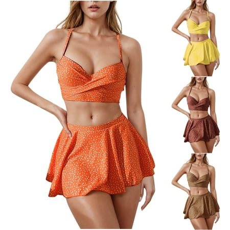 Hot days, bold styles UTSJKR Women’s Polka Dot Conservative Adjustable Sling Bikini Set (Swimsuit & Swim Trunks) for Summer Beach Bathing Suits Coffee S