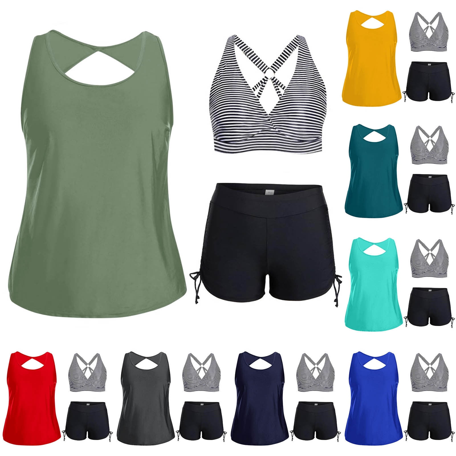 QIUOMBBP 3 Piece Tankini Swimsuit for Women Cutout Back Tank Tops with Bikini Top and High Waist Swim Shorts Plus Size Beach Vacation Swimwear Multicolor XXL
