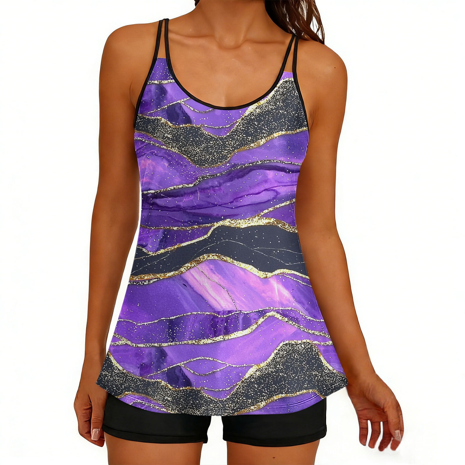 Aboser Women’s Tankini Swimsuits Tummy Control Two Piece Bathing Suits Fashion Tie Dye Print Beachwear Flowy Swim Top with Bottom Summer Vacation Outfits Black S