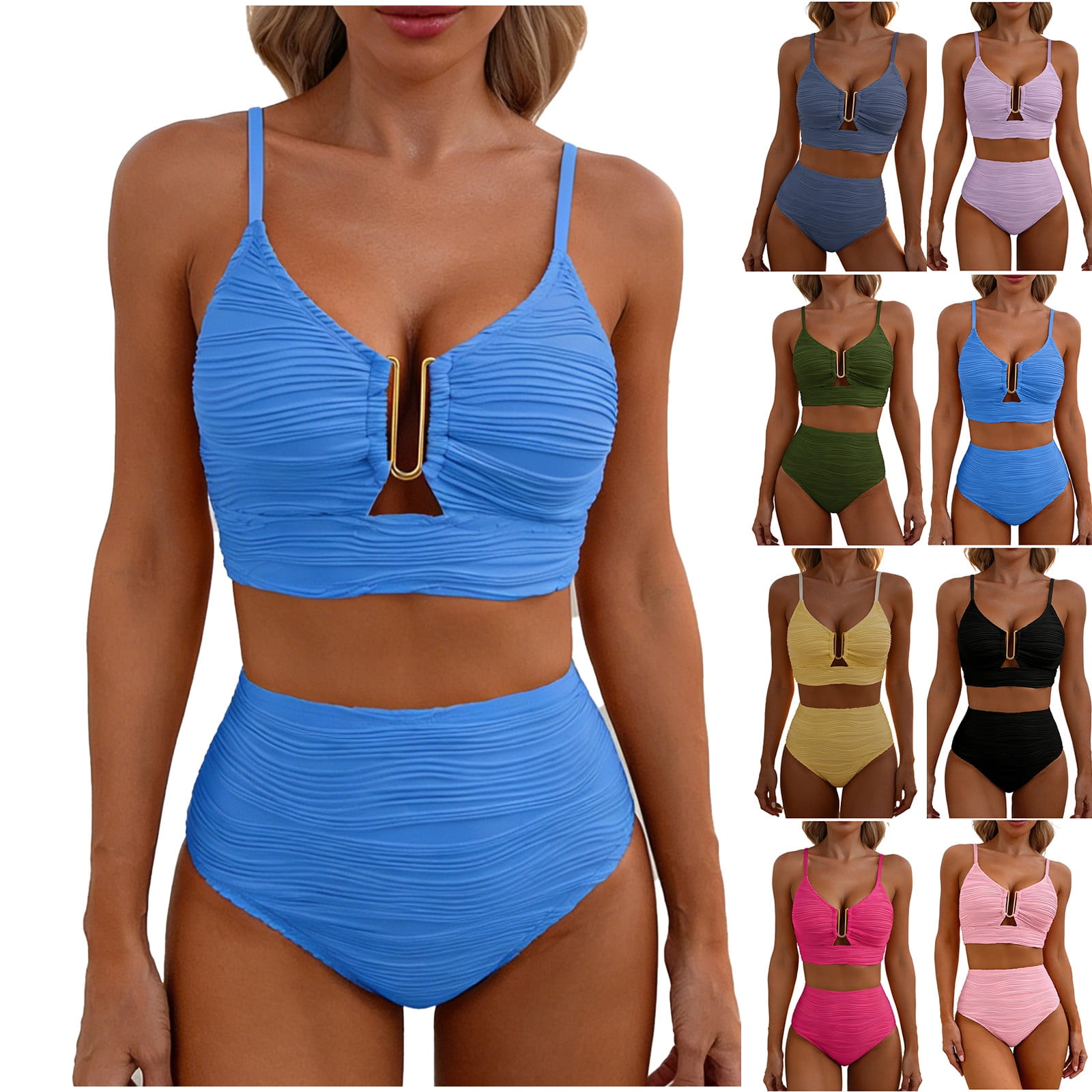yoeyez Women 2 Piece Bikini Set U-Wire Cutout Popular Swimsuit High Waisted Textured 2026 Summer Beach Swim Bathing Suits Dark Blue,S