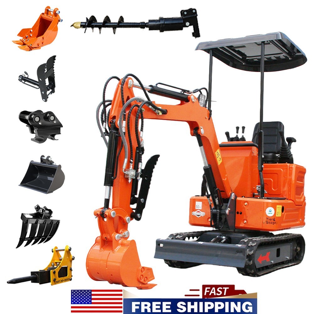 1 Ton Mini Excavator 13.5HP B&S Pilot Control w/ 7 Attachments Tracked Digger