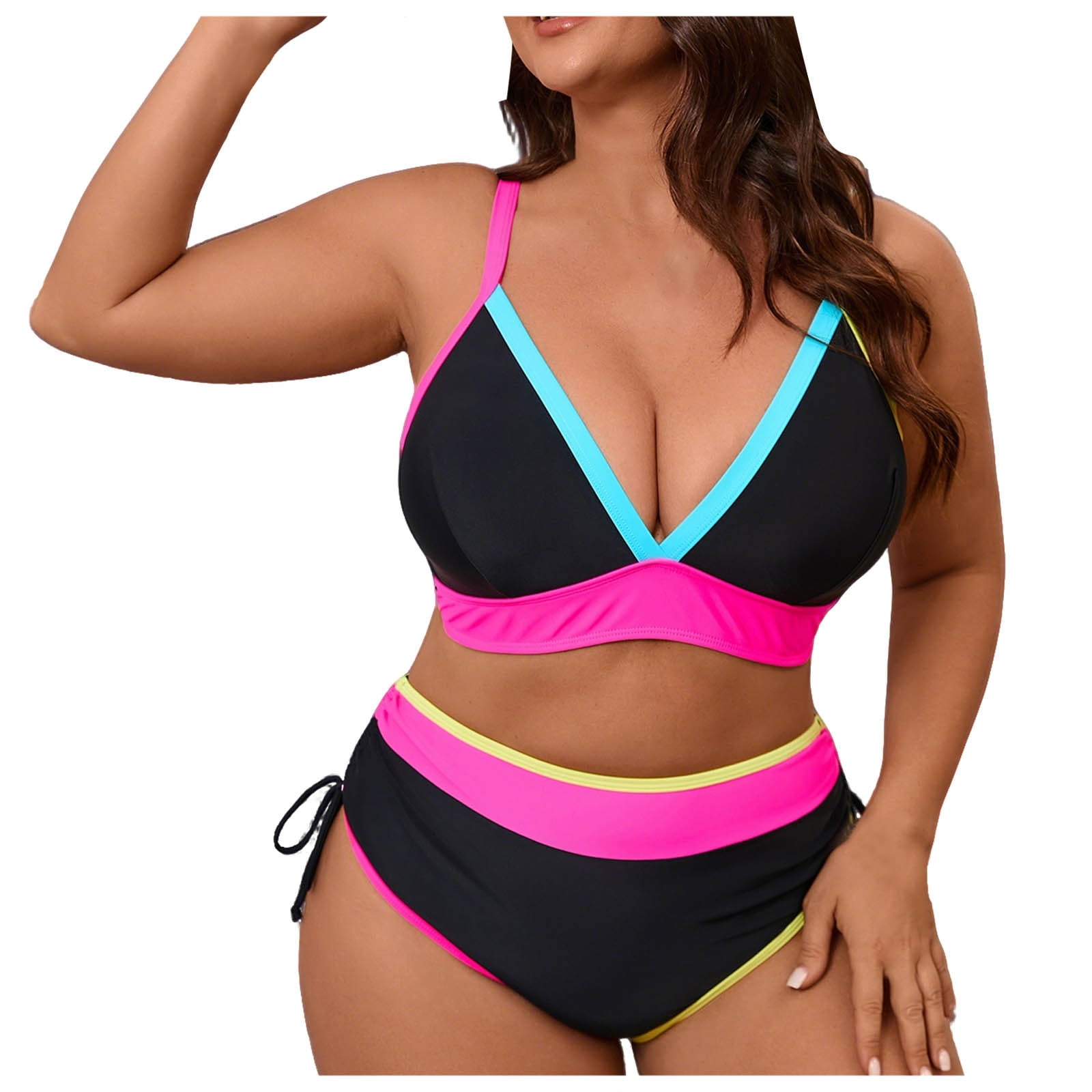 PrvdeBri Women’s Plus Size Color Block Bikini Set, High Waisted Wide Strap Full Coverage Two Piece Swimwear,Black,XXL