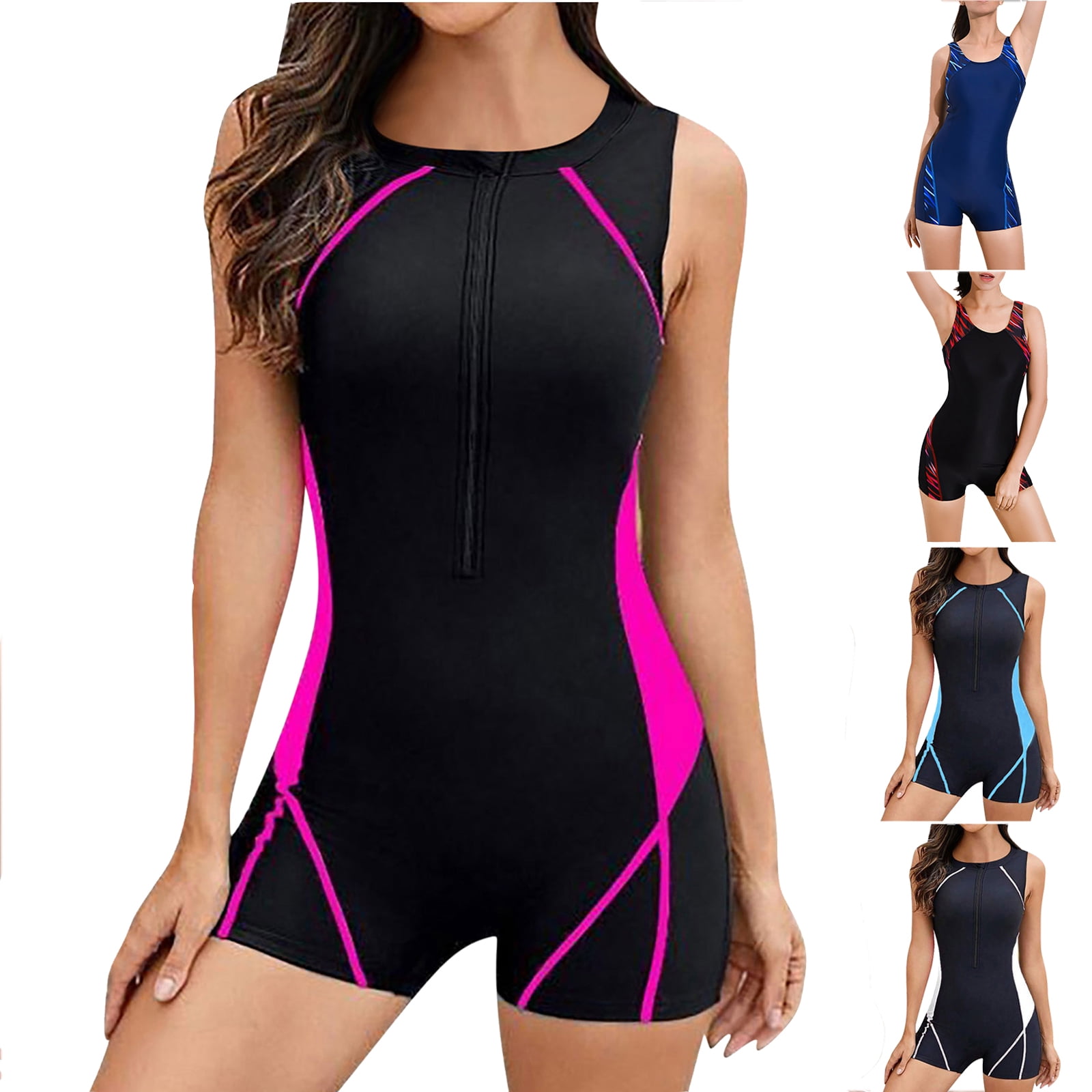 Tqyyweavej One Piece Swim Suits for Women Tummy Control Stripe Crew Neck Bathing Suits Solid Color Sleeveless Beach Swimwear with Bra