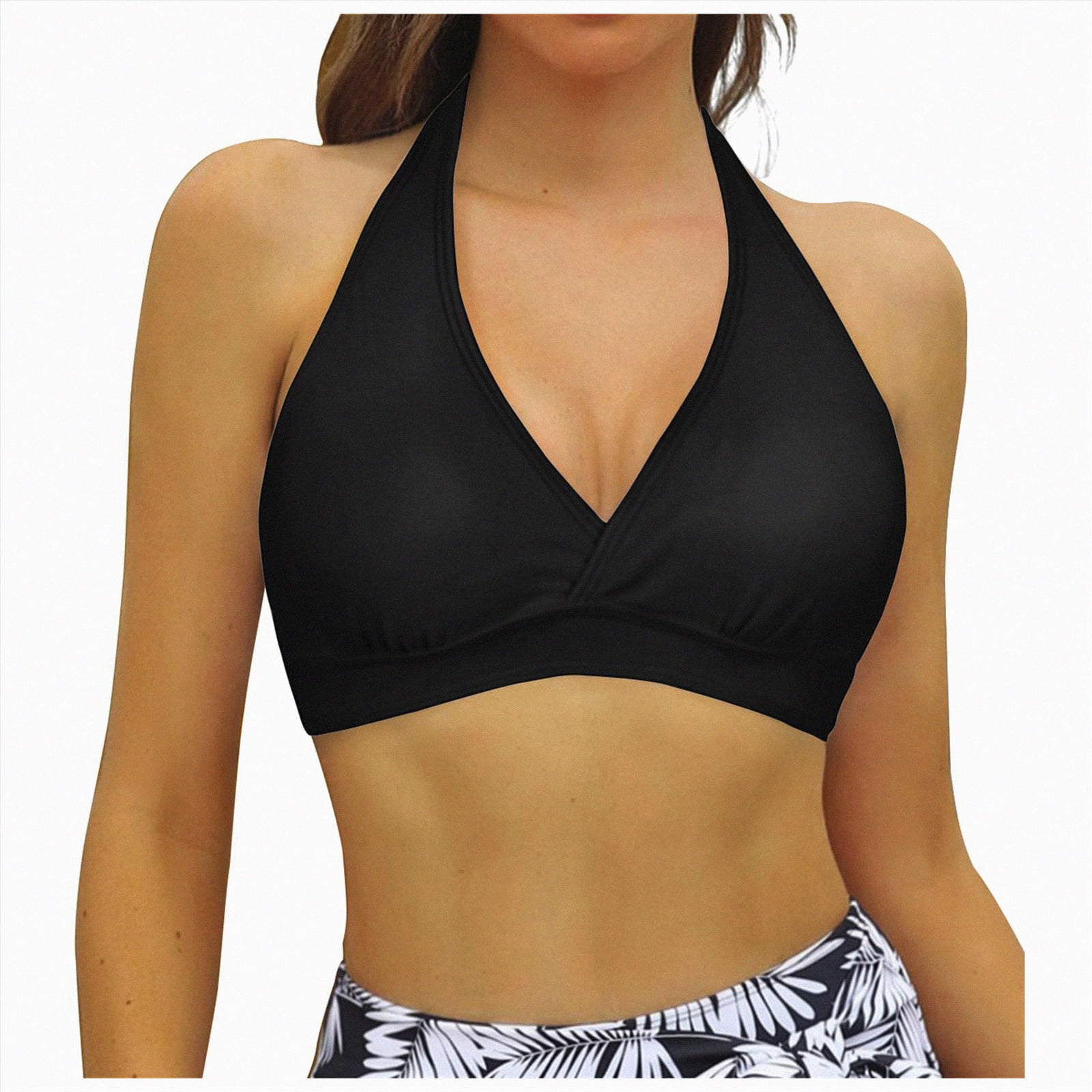 TOWED22 Bikini Tops for Women Adjustable Laced-up Back Design Swimsuit Top Sexy Twist V Neck Front Push Up Bathing Suit Top(Black,XXL)