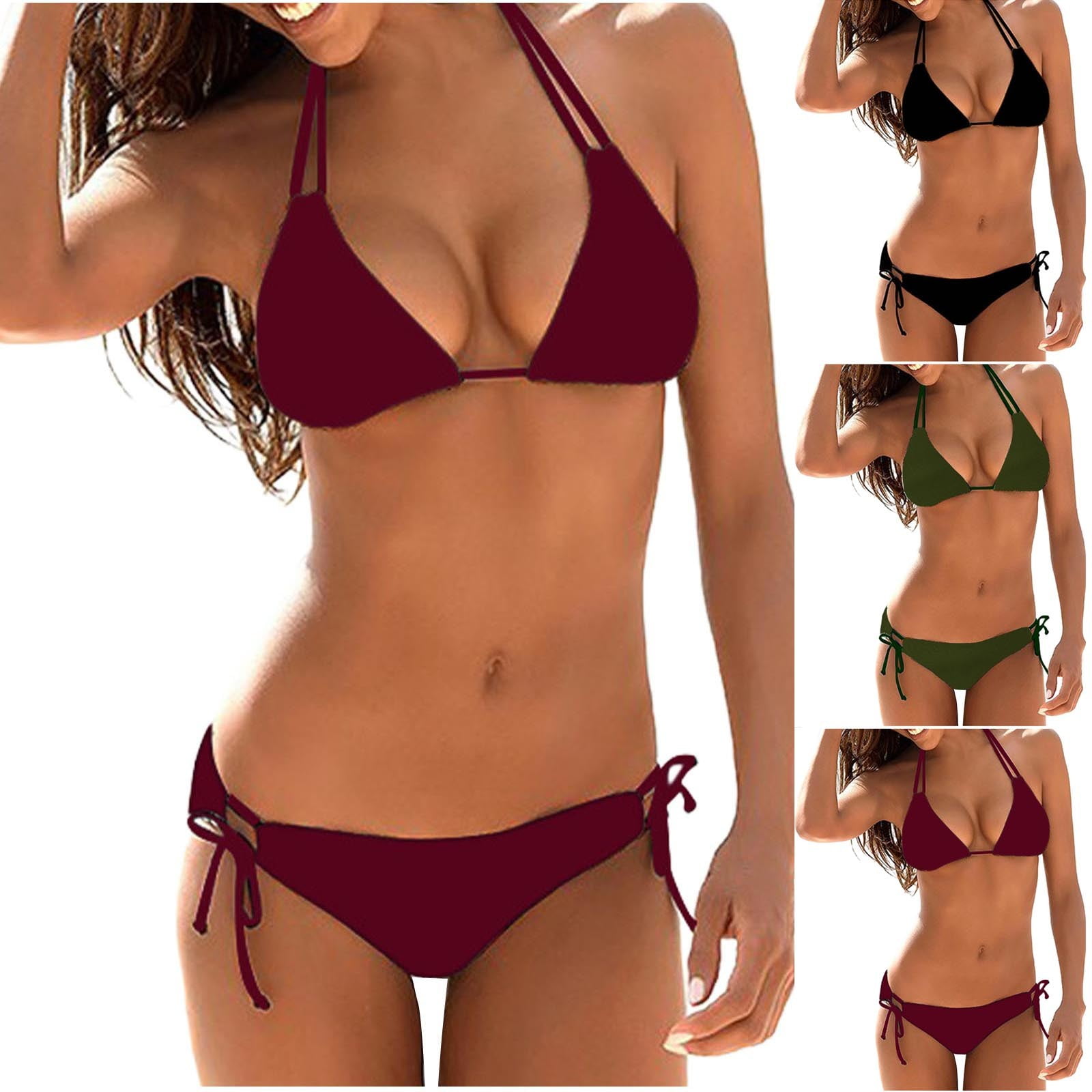 Tqyyweavej Halter Bikini Sets for Women Adjustable Strap String Deep V Neck Swimwear Tops and Solid Color Low Rise Side Tied Bikini Bottoms with Bra
