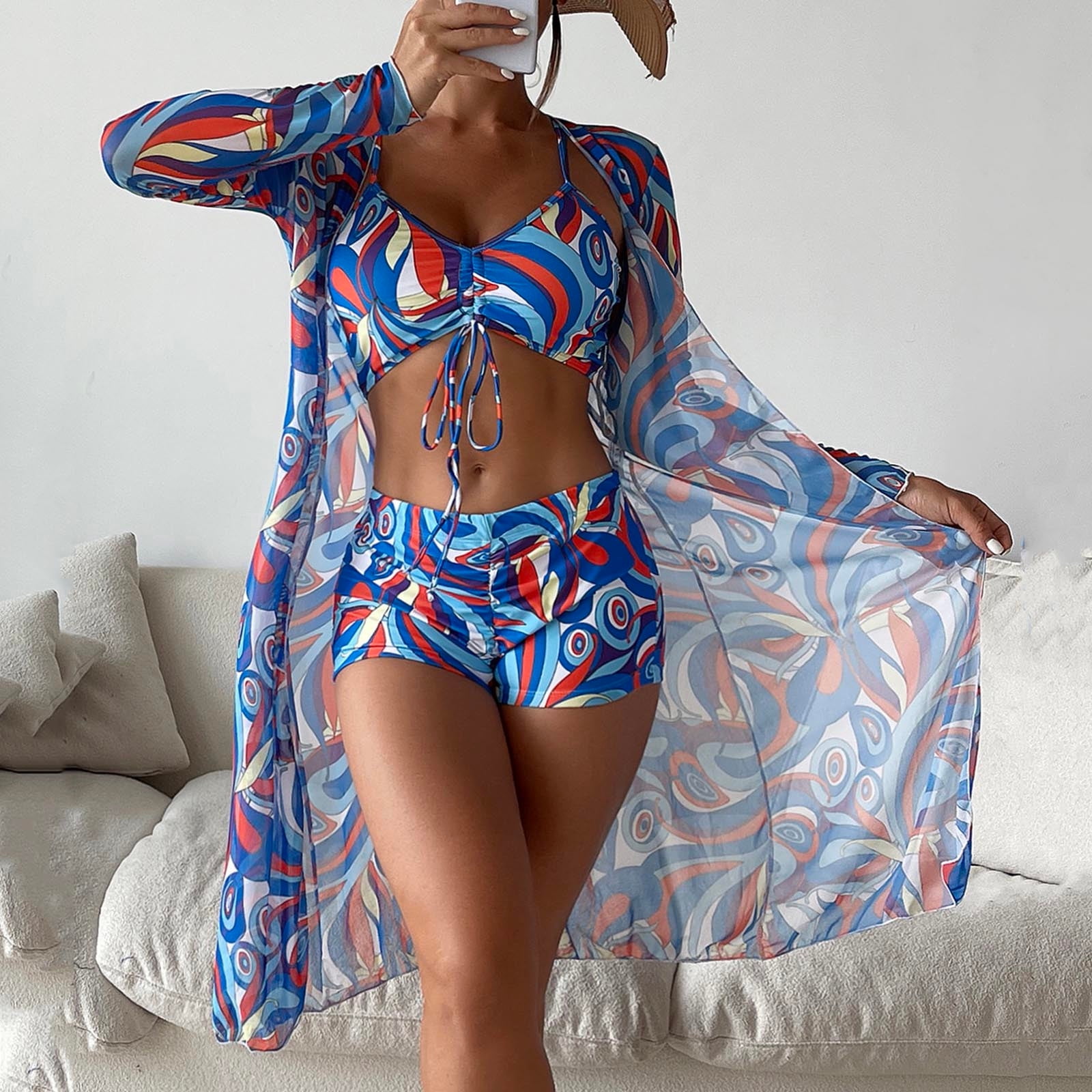 Gyedtr Bathing Suit for Women 3 Piece Swimsuit Set Drawstring Bikini Set Long Sleeve UPF Cover Up Boho Boy Short Swimwear Set