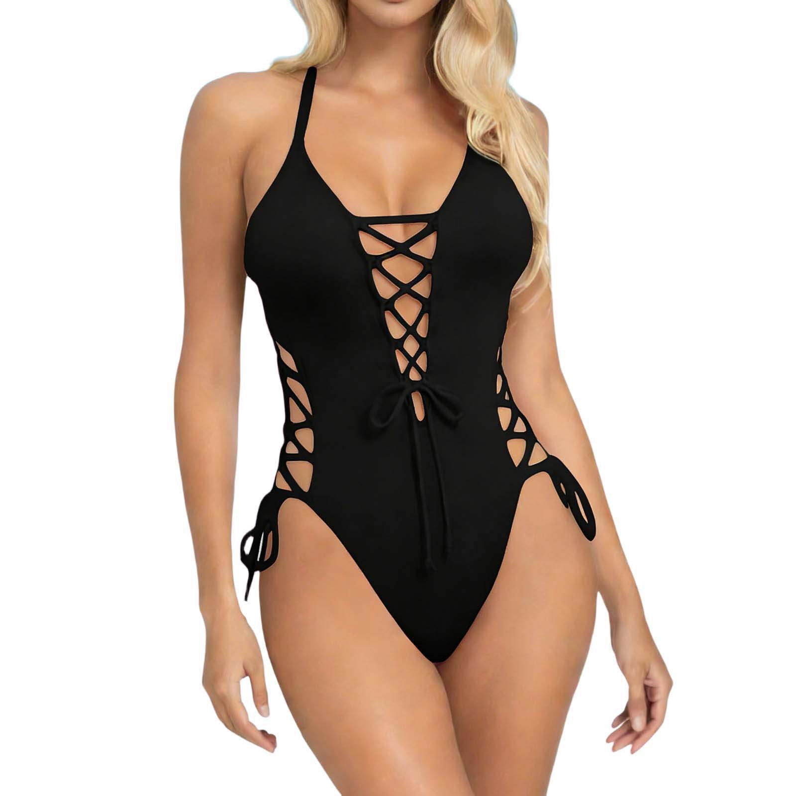 Ticikt Women’s Mesh One Piece Swimdress Swimsuit Slim Fit V Neck U Ring Bathing Suit Drawstring Sarong Swimwear,Color:Black,Size:L