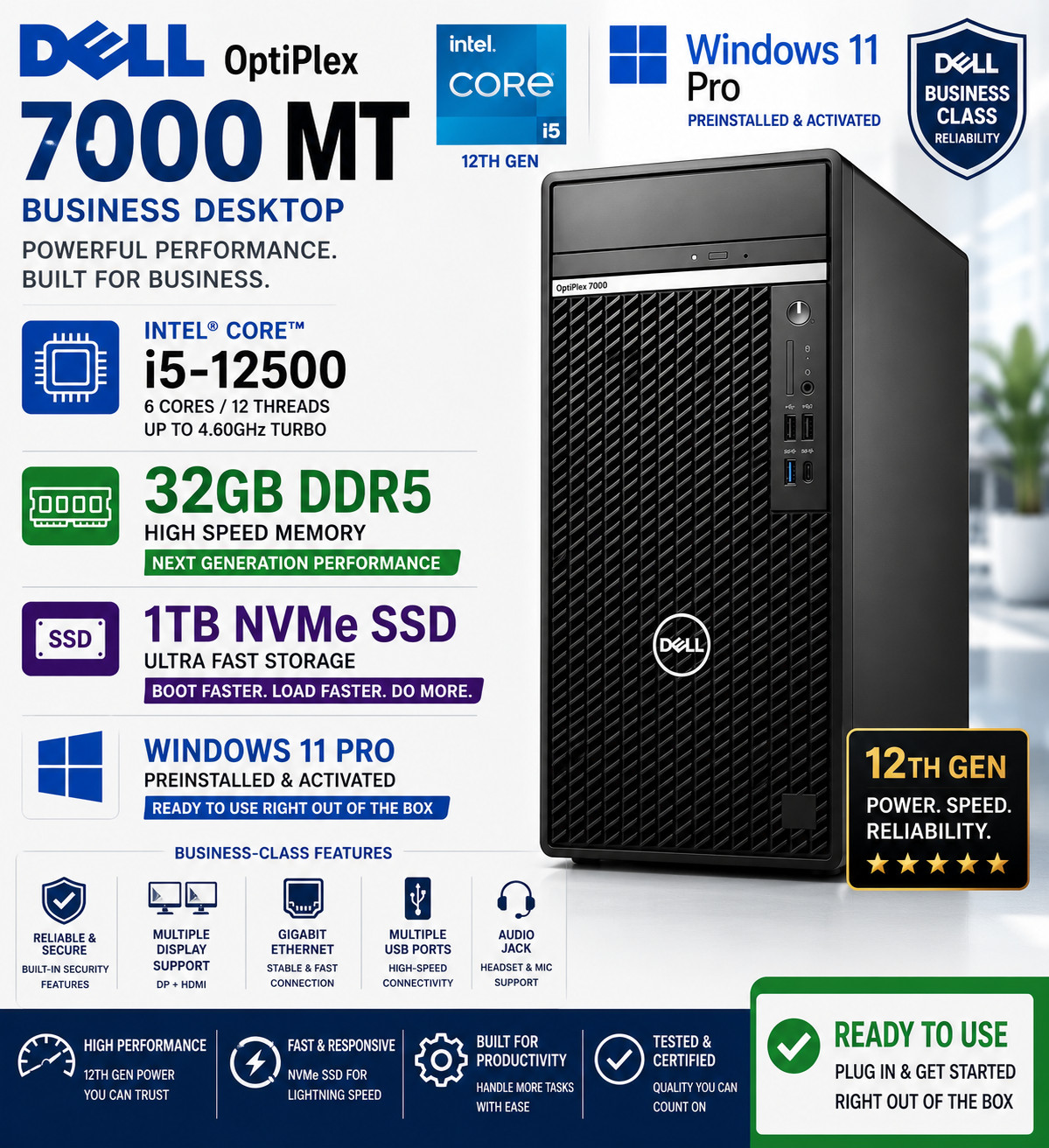 Dell OptiPlex 7000 MT i5-12500 32GB DDR5 1TB NVMe Win 11 Pro Desktop