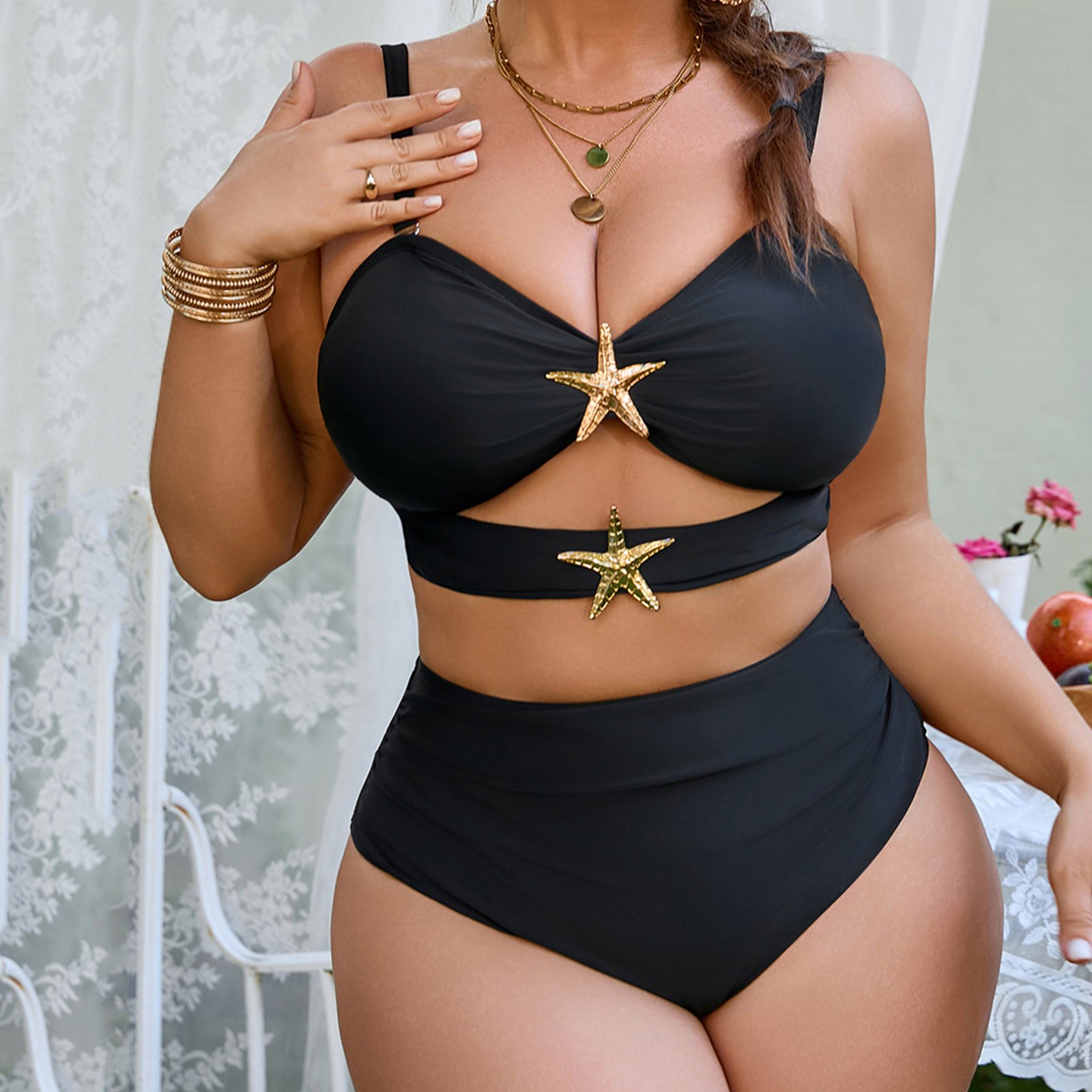 SwiftWear Plus Size Full Coverage Bikini Set with Removable Straps & Starfish Detail, Two Piece Swimsuit Tummy Control Bathing Suit for Women