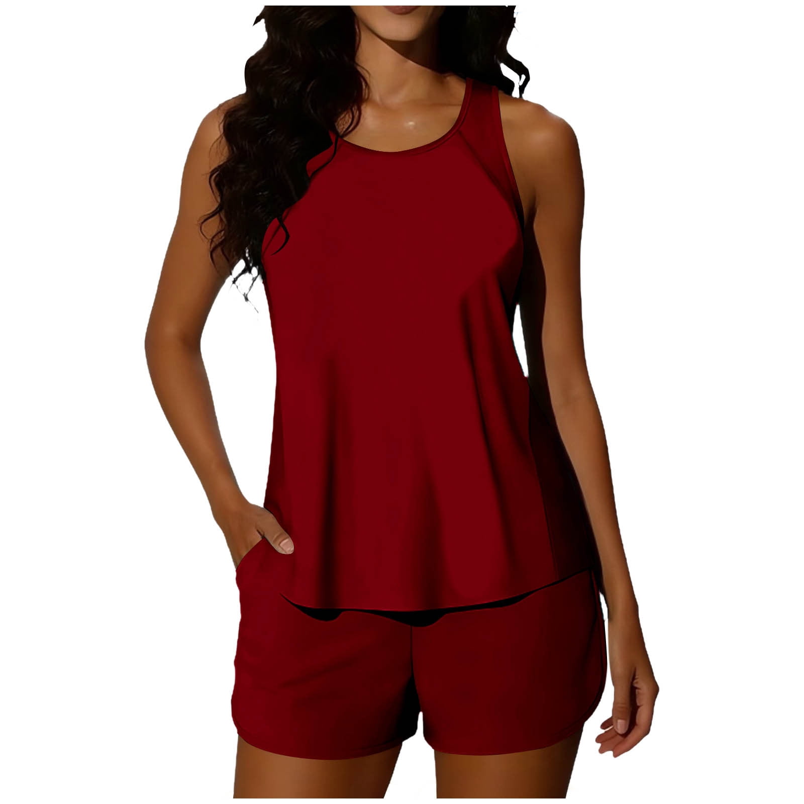 RQYYD Women’s Two Piece Swimsuit Set Racerback Tankini Top with High Waisted Shorts Bathing Suit with Pockets for Beach Vacation