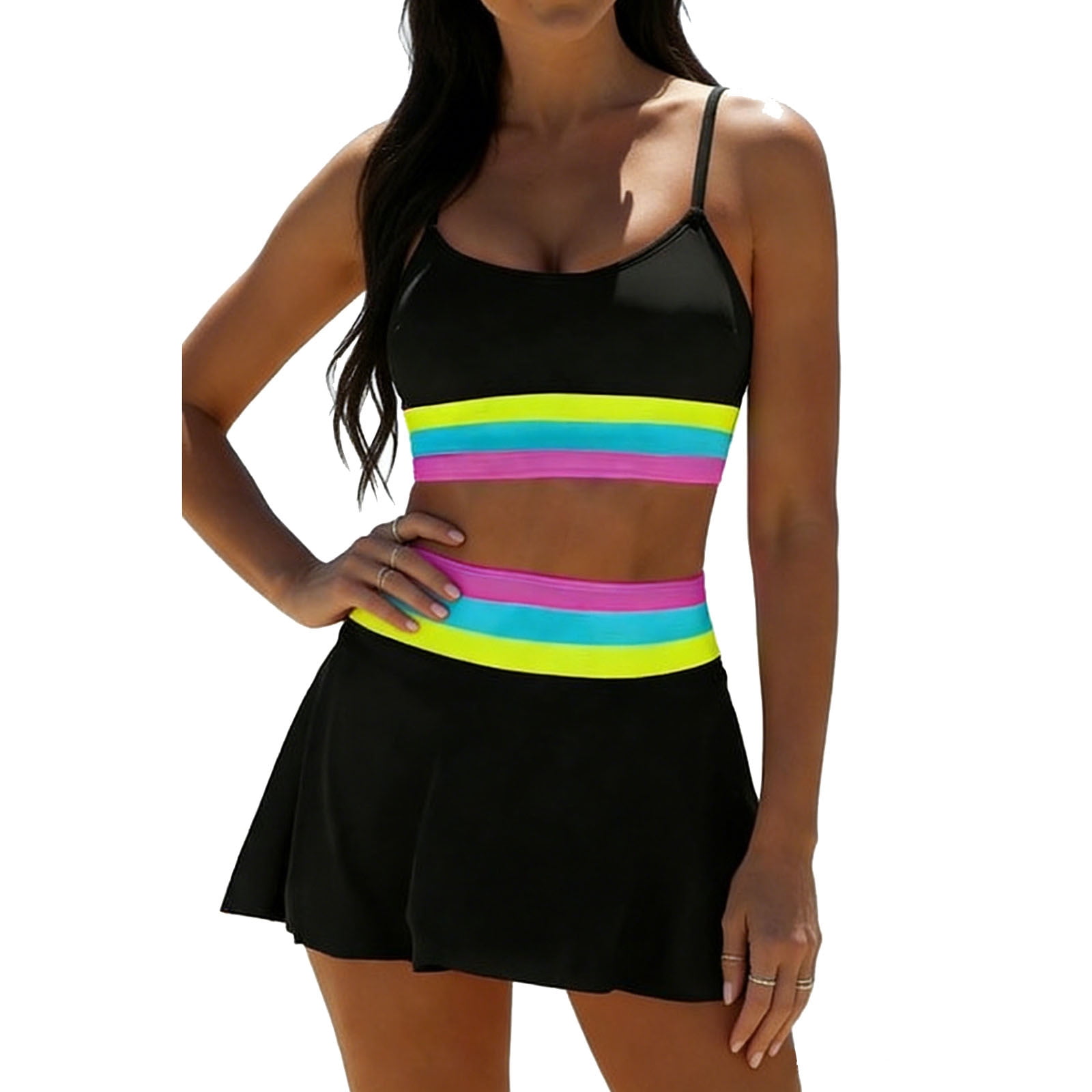 Levmjia Womens Two Piece Tankini Swimsuit Polyester Colorful Striped V Neck Ruffled Skirted Bottom Quick Dry Stretchy Bathing Suit For Beach Pool Party Summer Vacation