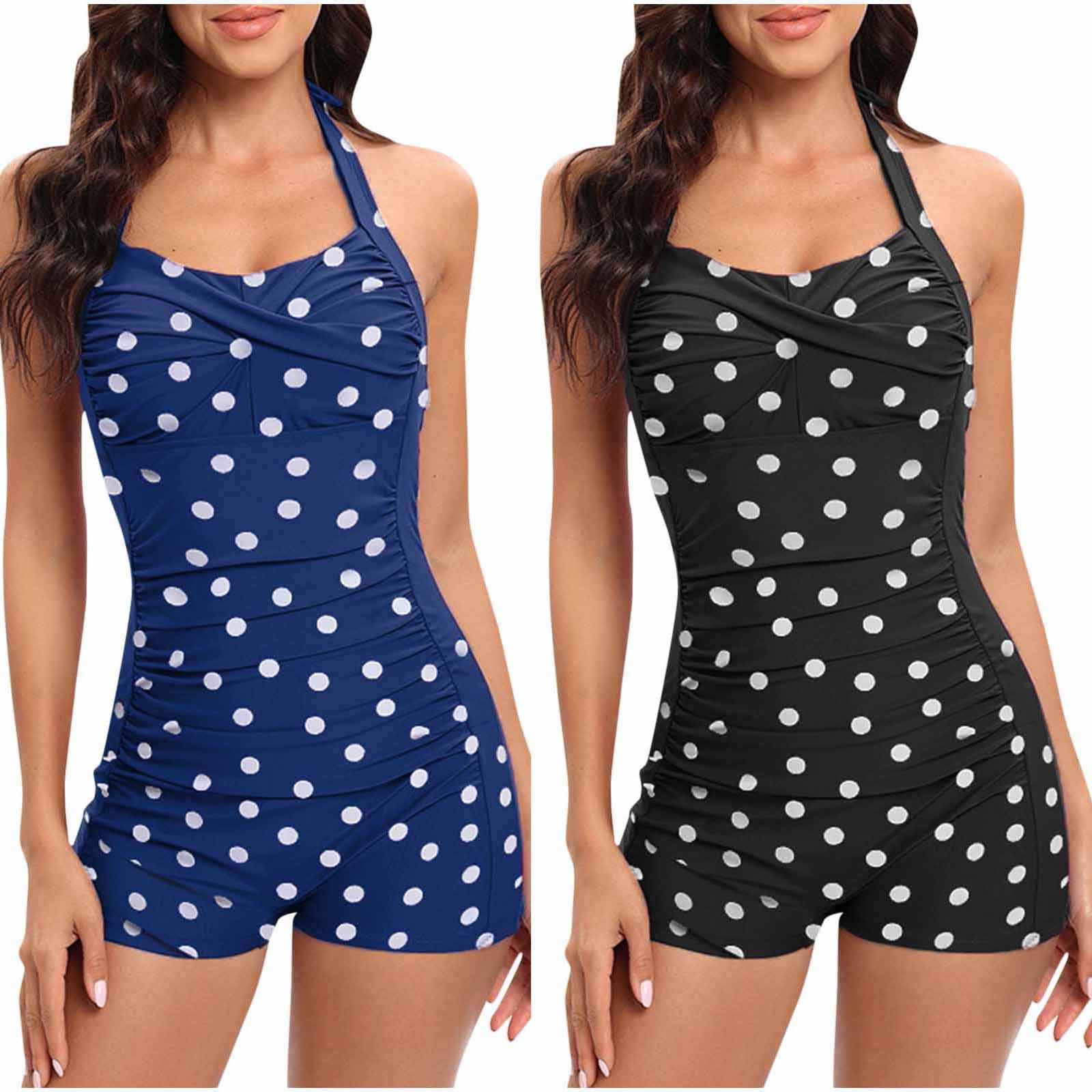 UTSJKR Women Tummy Control One Piece Swimsuits with Shorts Boyleg Polka Dot Retro Bathing Suit Halter Swimwear Black M