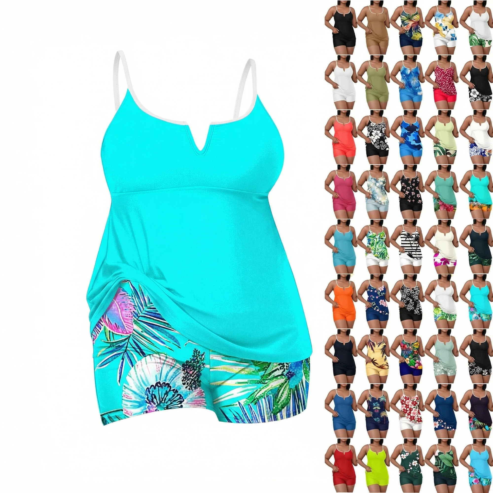 HAPIMO Women’s Plus Size Tankini Sets Tummy Control Two Piece Bathing Suits Strap Swim with Boy Shorts Modest Summer Tropical Vacations Swimwear with Chest Pad Black XXXXL