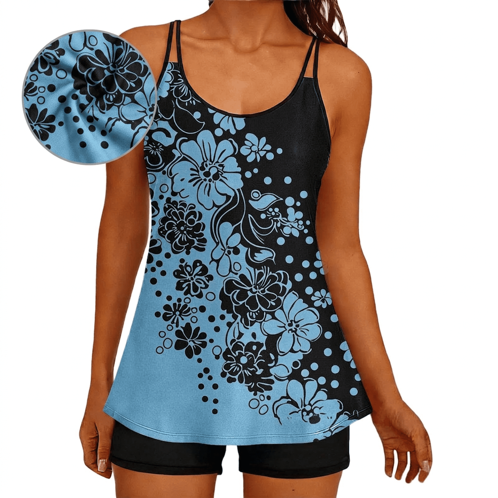 XUNKUSGA Tummy Control Swimsuits for Women Fashion Printed Scoop Neck Flowy Long Torso Top and High Waisted Boyshorts Womens Tankini Bathing Suits S-2XL