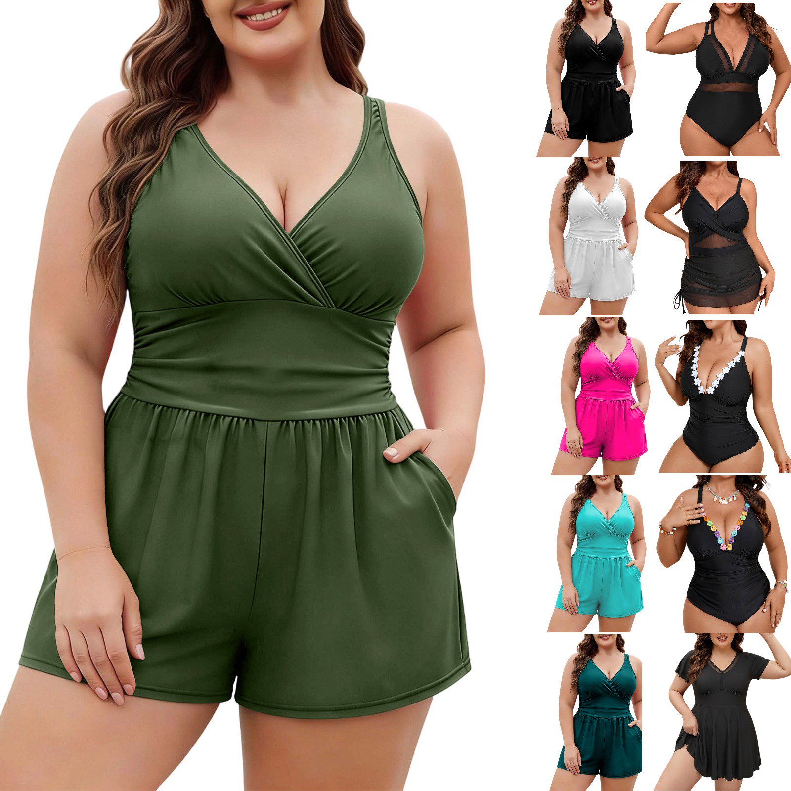 hoksml Plus Size Swimsuit Women Tummy Control One Piece Romper Wrap V Neck Bathing Suit Adjustable Straps Side Pockets Swim Shorts L-5XL