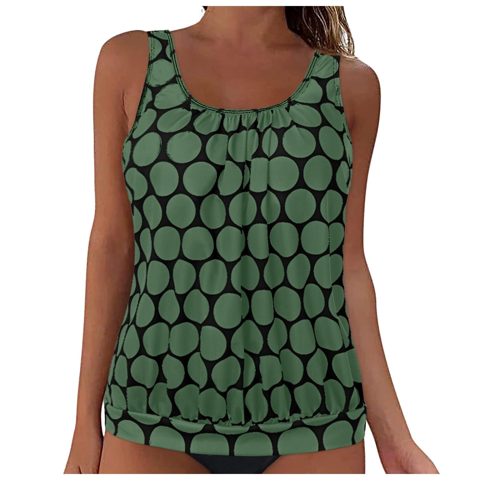 cocolona Womens Plus Size Tankini Tops Built-in Bra Bathing Suit Tops Casual Loose Polka Print Blouson Swimsuits Tops