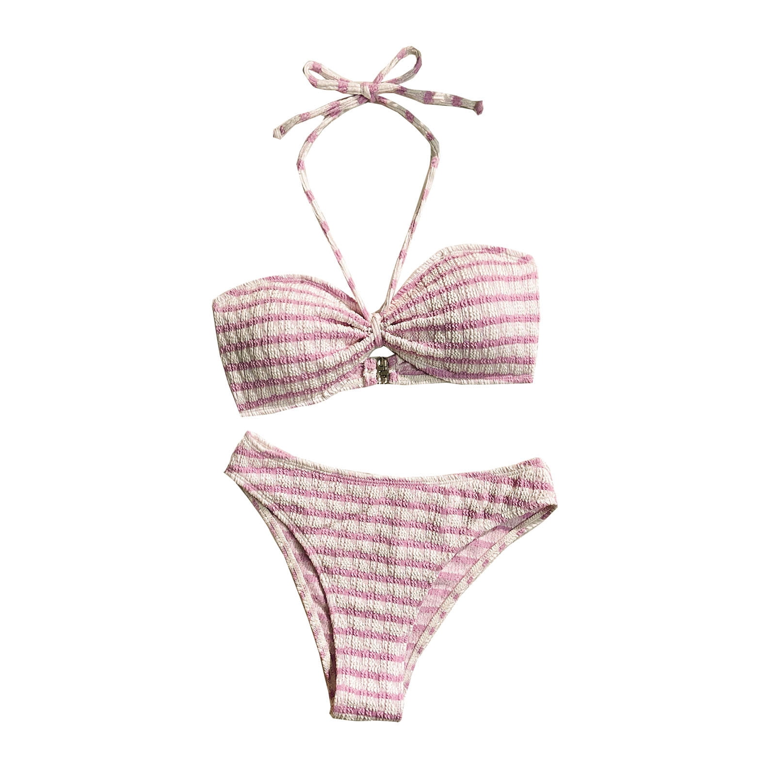 Odbmxy Swimsuits for Women Plus 2 Piece Bikini Halter Bathing Suit for Women Plus Vacation Striped Bralette Swimwear,Pink L